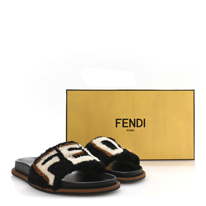 Fendi Shearling Logo Slide Sandals 38 Black Latte Brownie 8 of 8