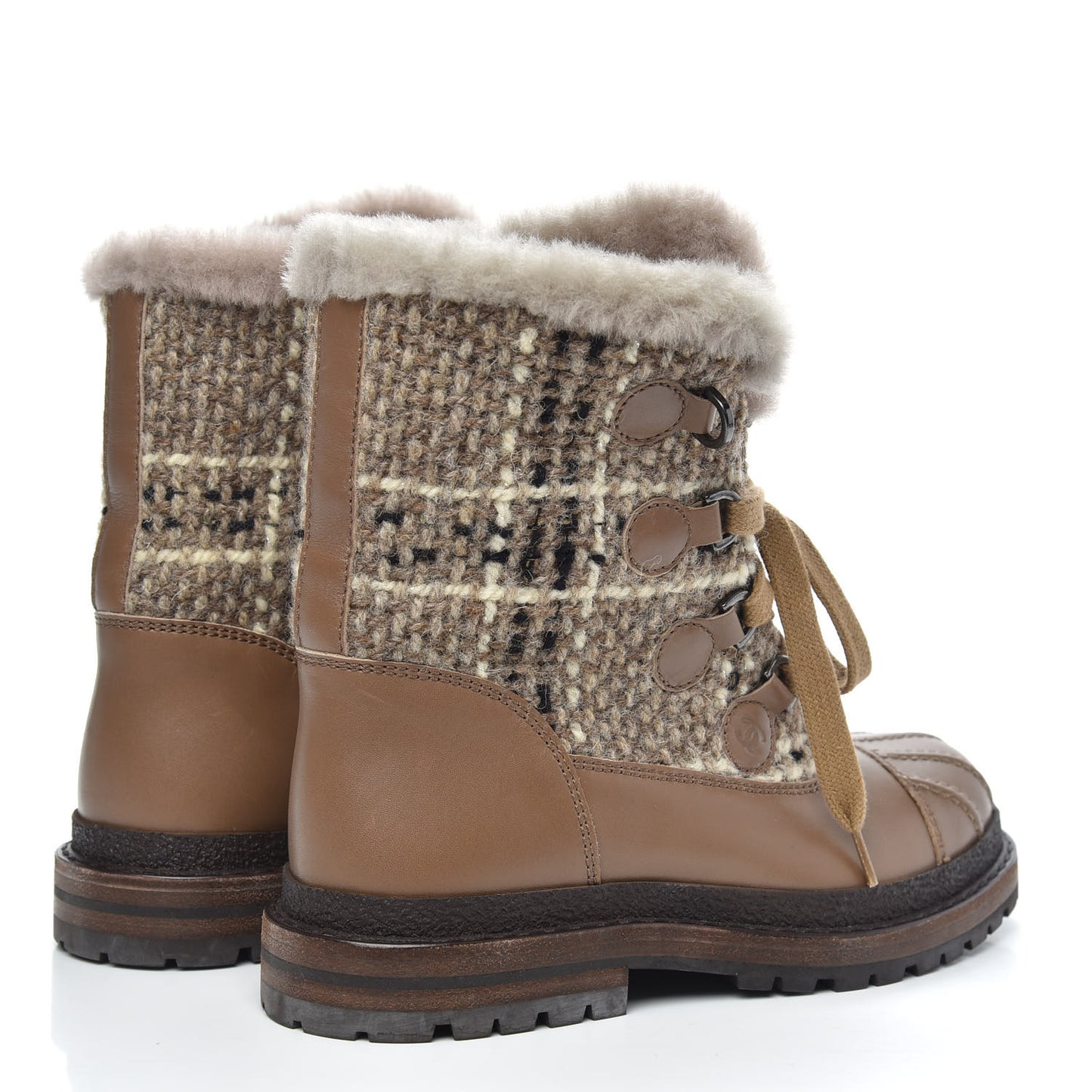 Tweed Shearling Lace Up Short Boots 35 Beige
