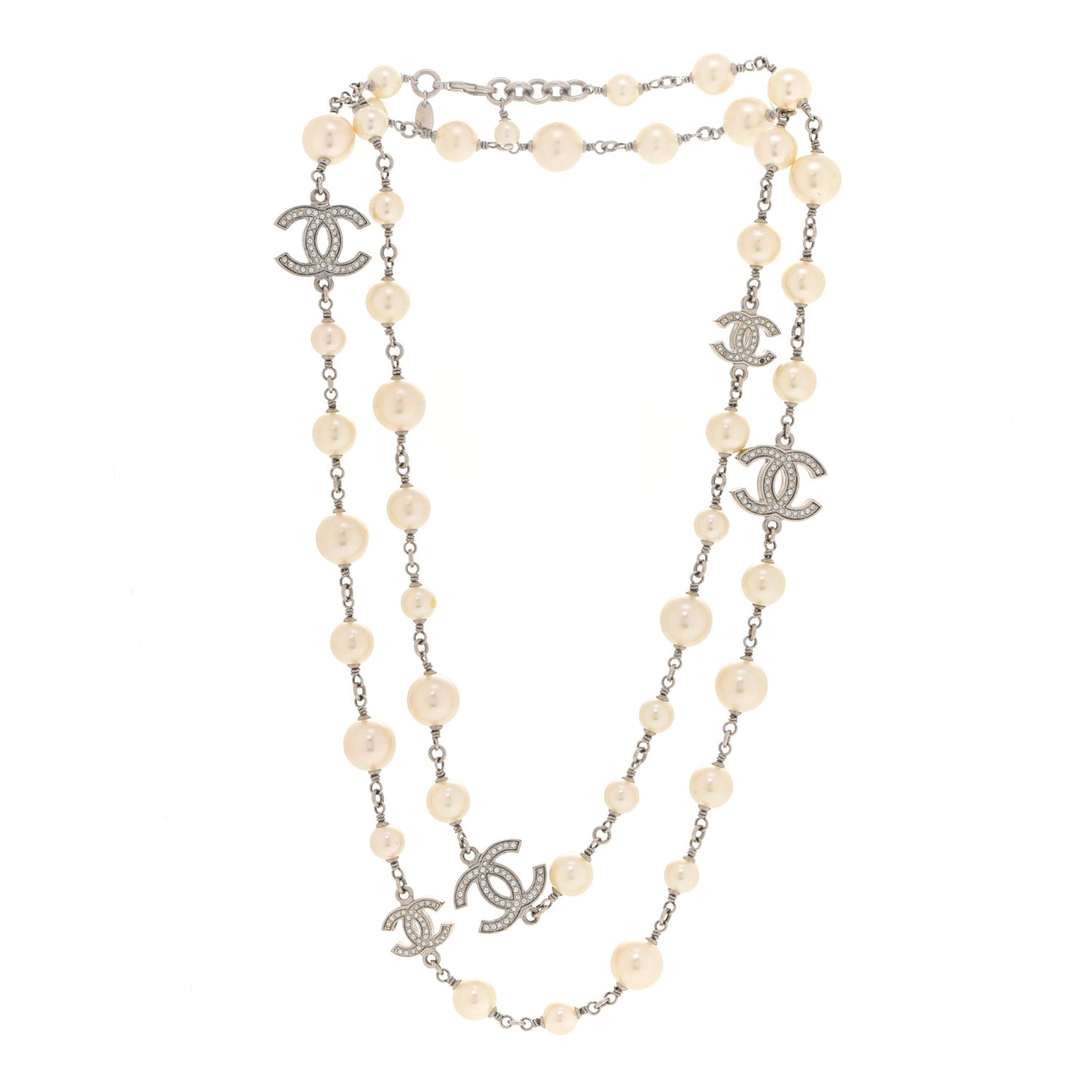 Graduated Pearl Crystal CC Long Necklace Silver