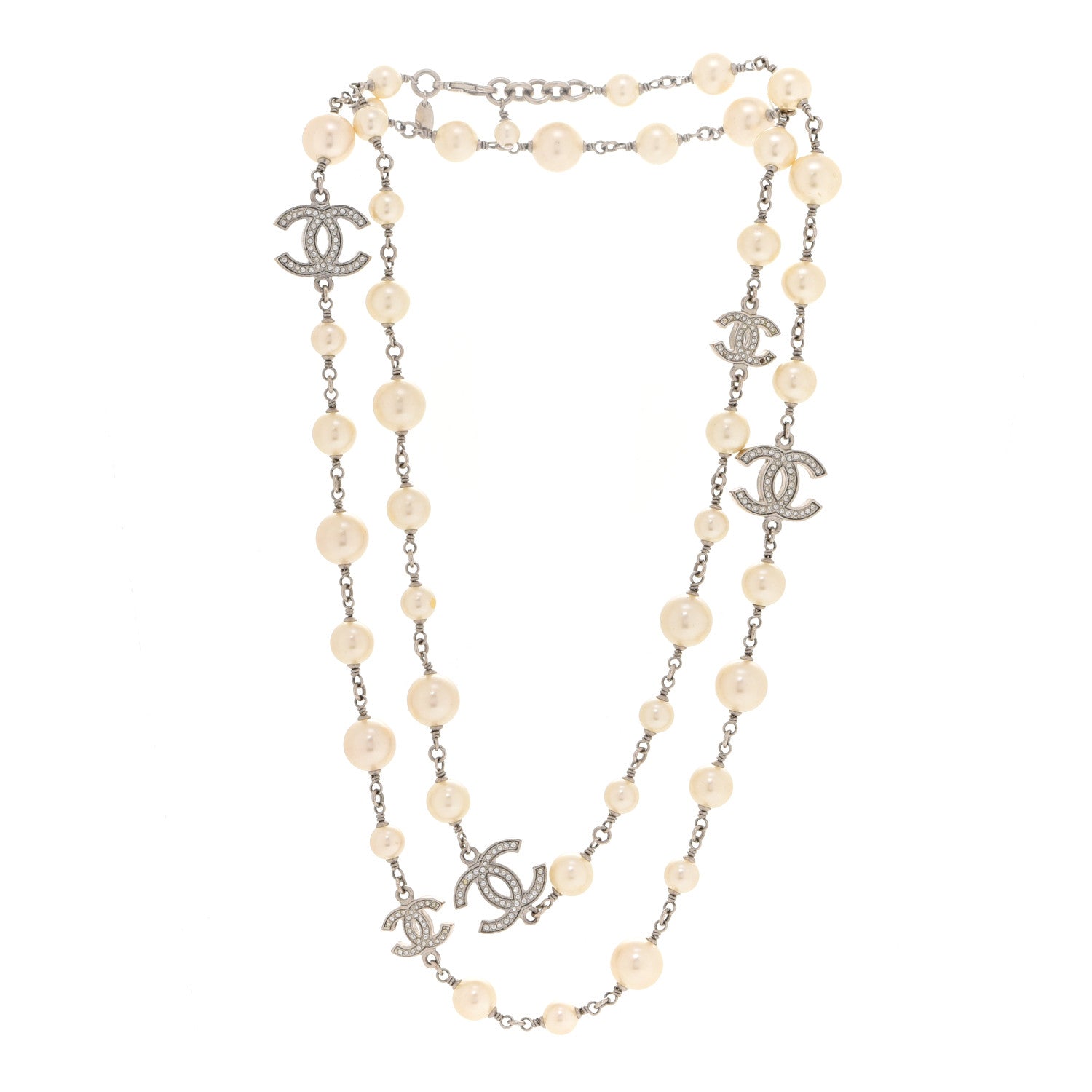 Chanel Graduated Pearl Crystal CC Long Necklace Silver 3 of 5
