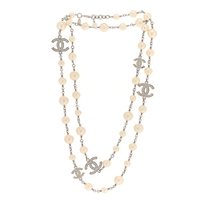 Chanel Graduated Pearl Crystal CC Long Necklace Silver 3 of 5