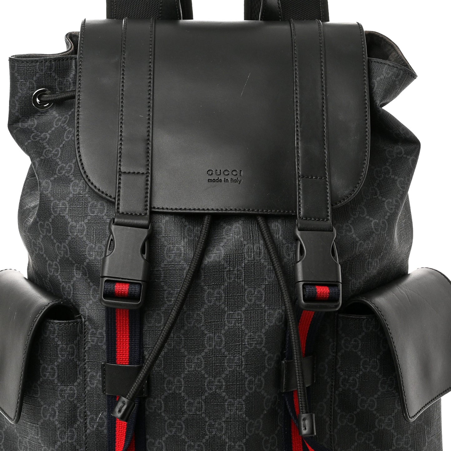 Soft GG Supreme Monogram Appia Calfskin Web Double Buckle Backpack Black