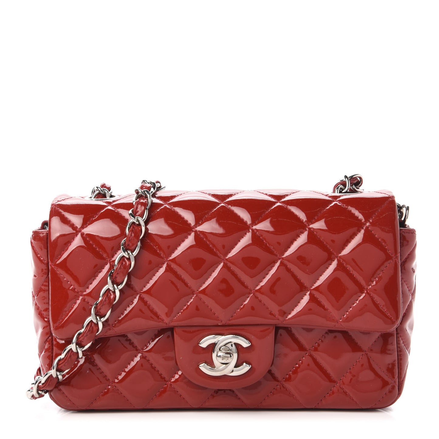 Patent Calfskin Quilted Mini Rectangular Flap Red