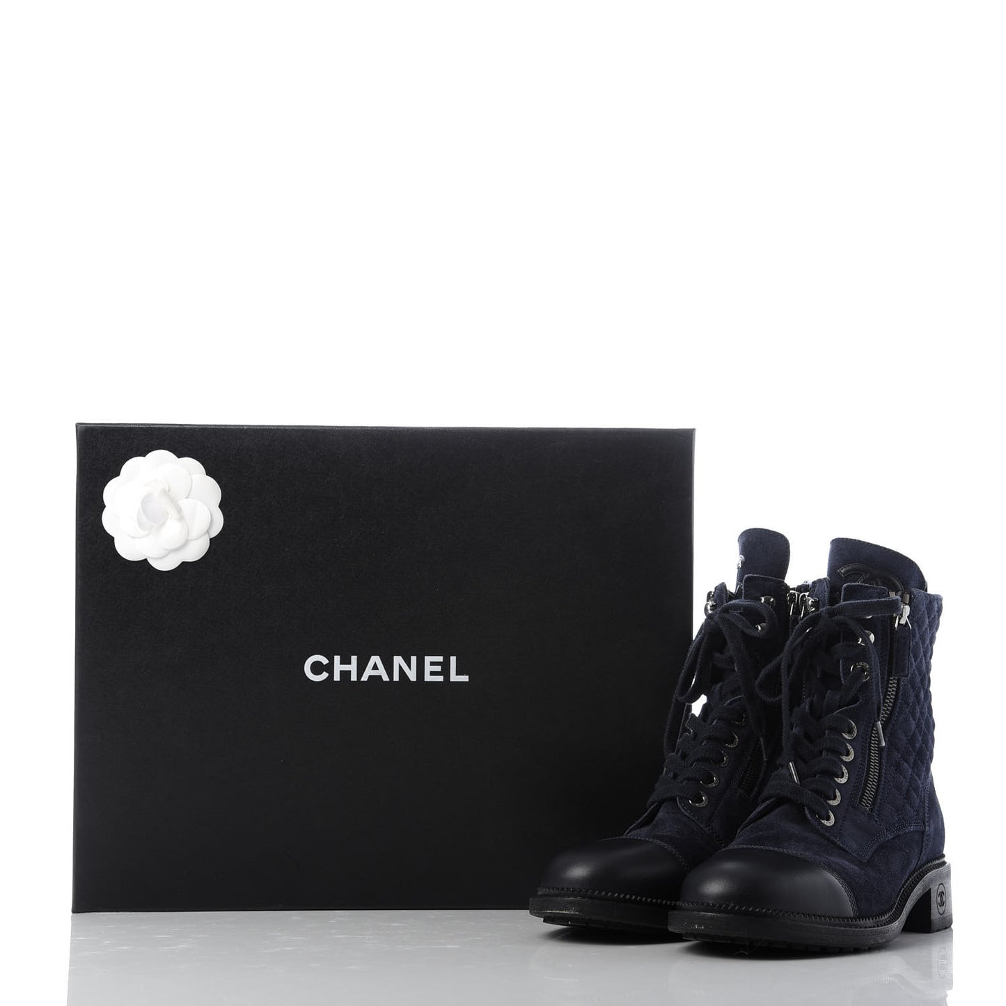 Suede Quilted CC Lace Up Combat Boots 39.5 Navy Black