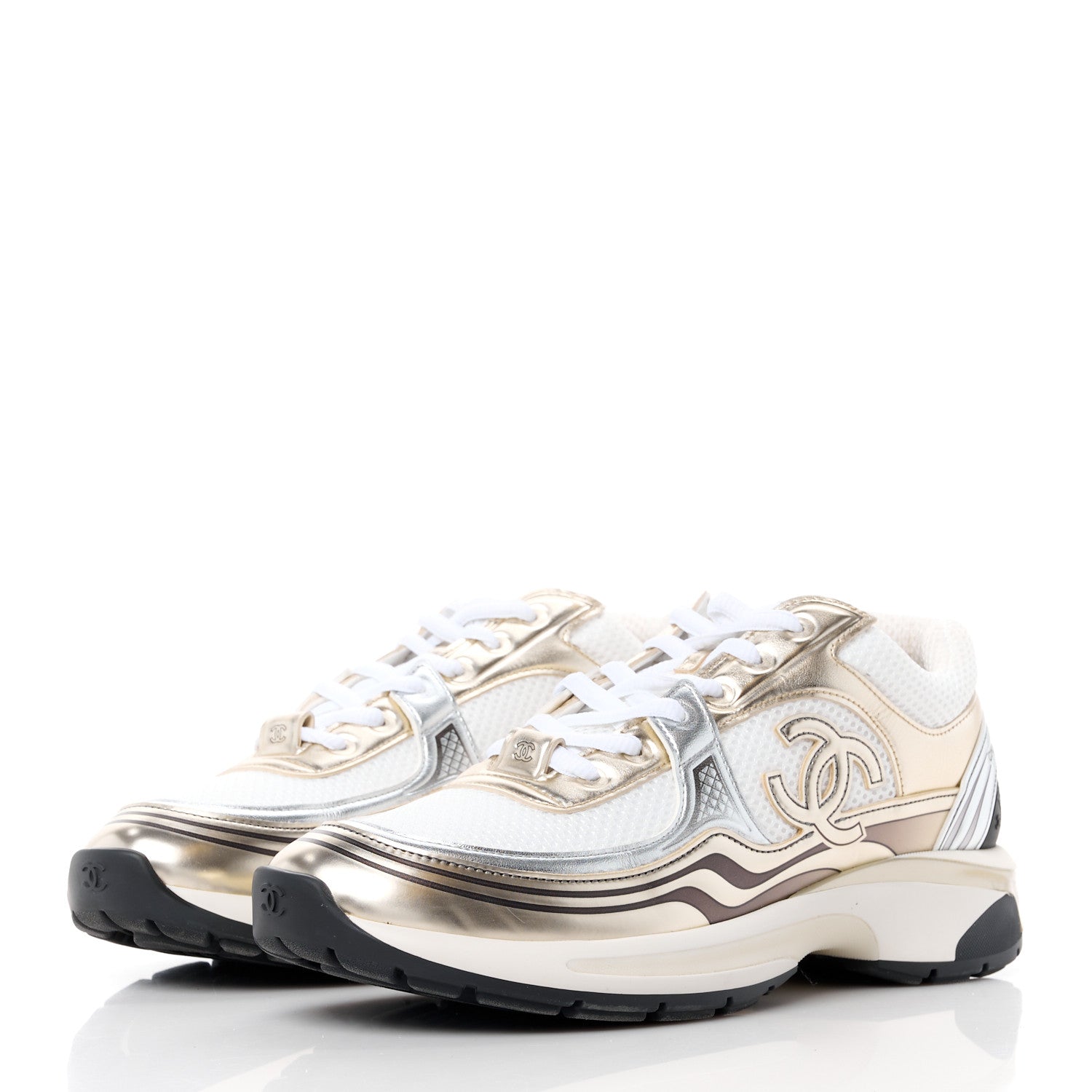 Chanel Fabric Laminated Calfskin Stretch CC Sneakers 41 White Gold Silver 3 of 9