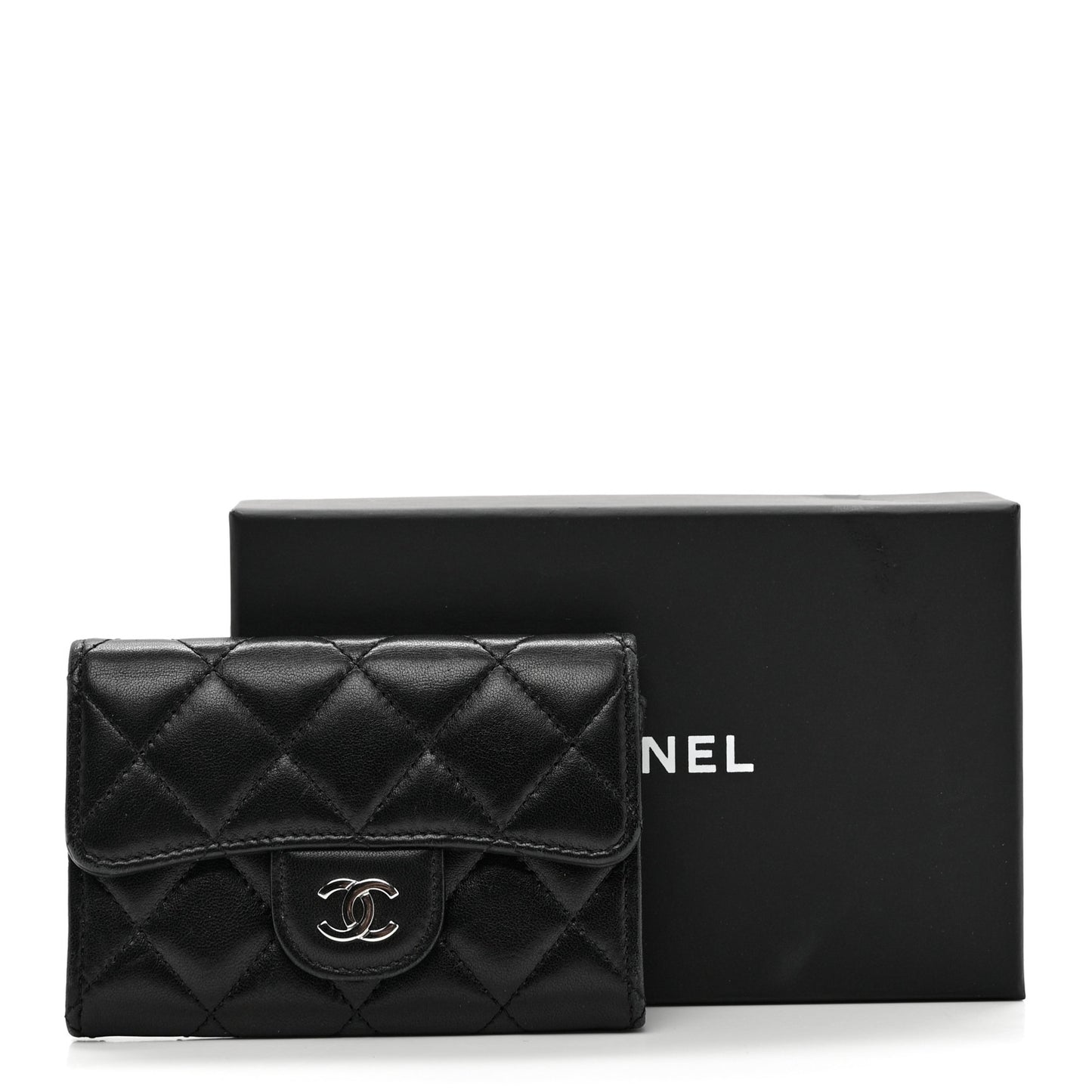 Lambskin Quilted Flap Card Holder Wallet Black