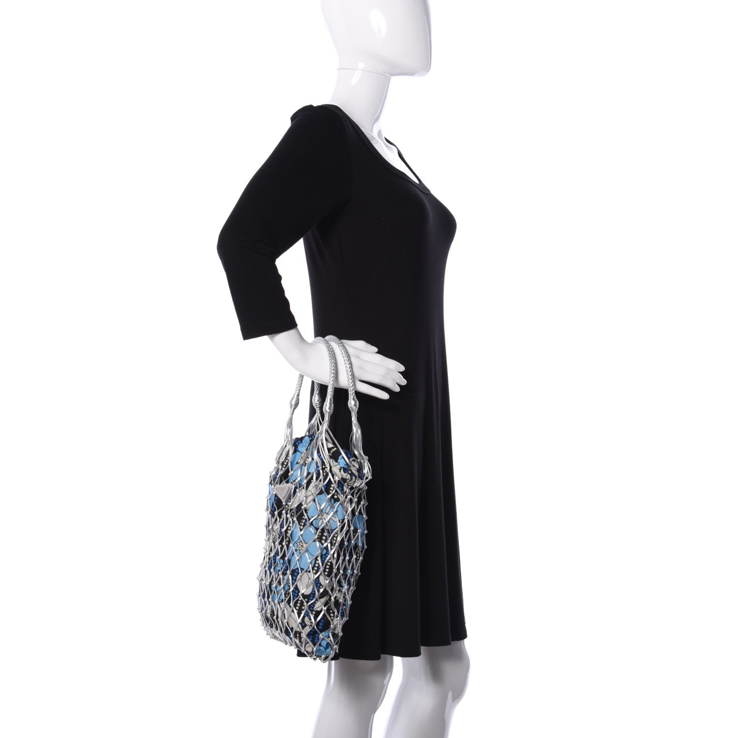 Prada Nylon Floral Print Net Tote Silver Blue 2 of 8