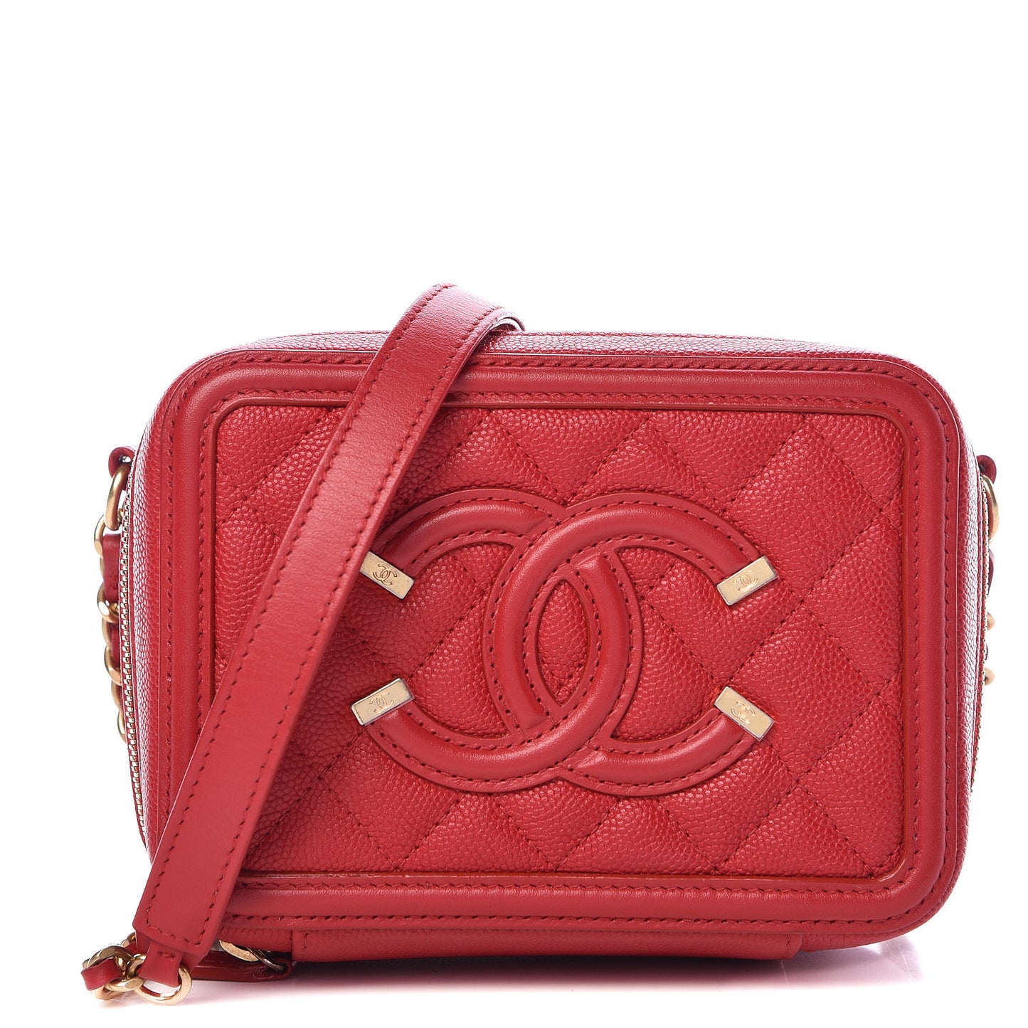 Caviar Quilted Filigree Vanity Clutch With Chain Red
