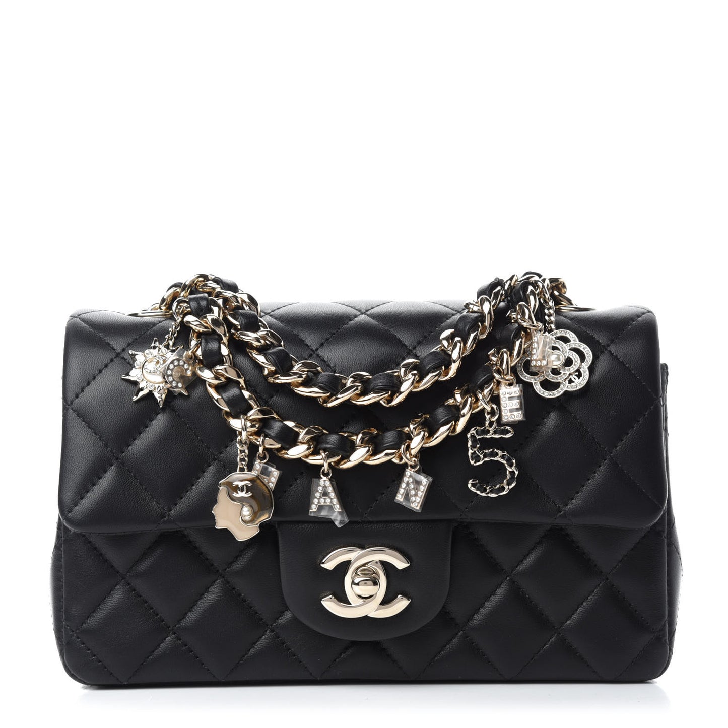 Lambskin Quilted Mini Coco Charms Rectangular Flap Black