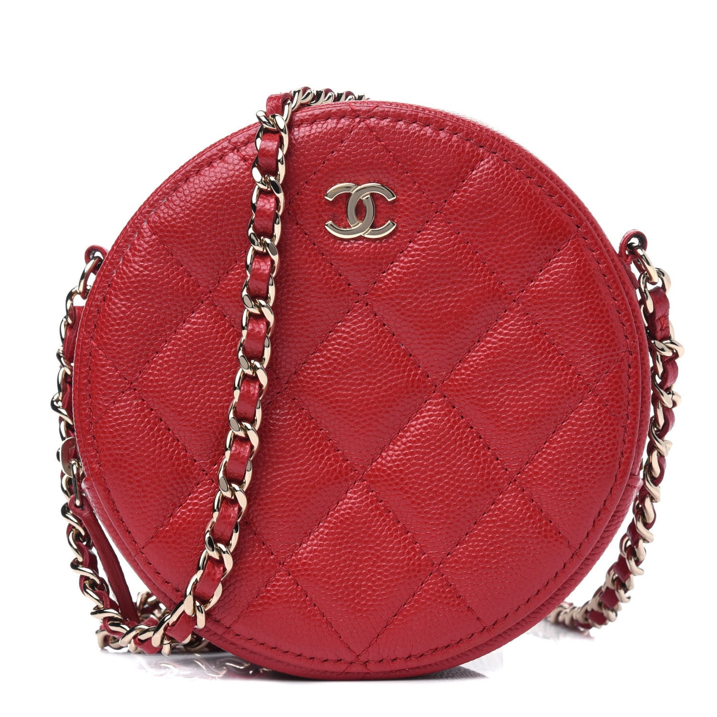 Caviar Quilted Round Clutch With Chain Red