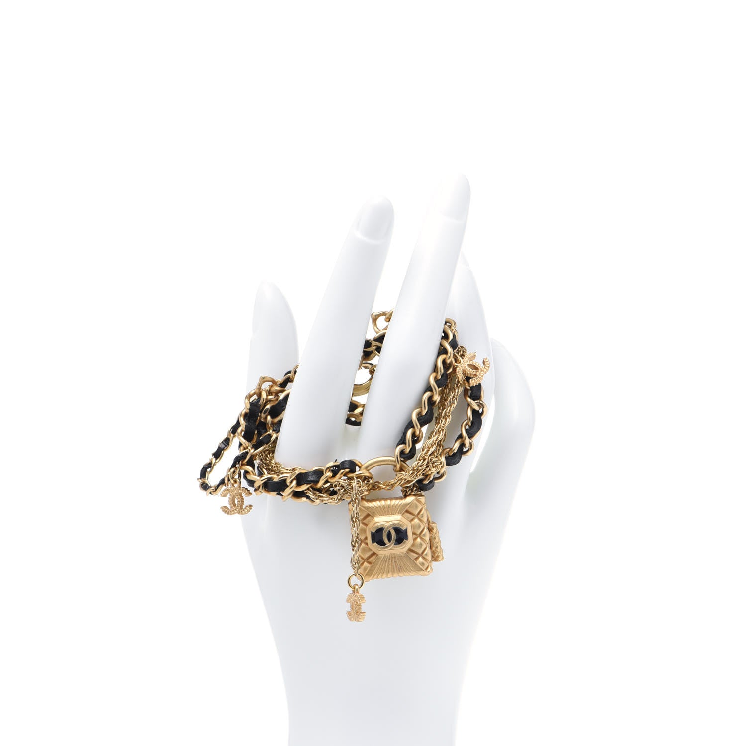 Chanel Metal Lambskin Resin Multi Strand Chain Link Bracelet Black Gold 2 of 6