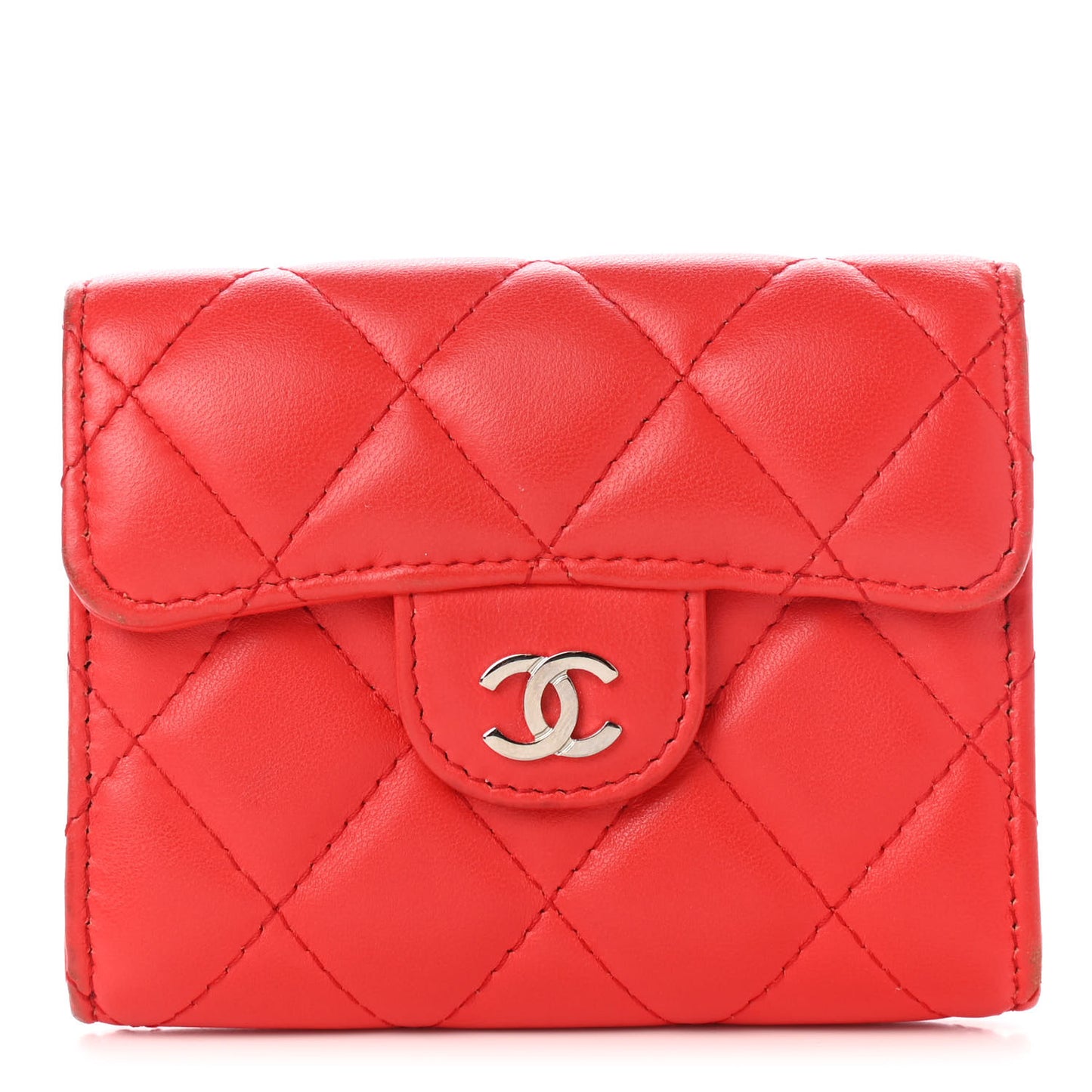 Lambskin Quilted Flap Card Holder Wallet Red