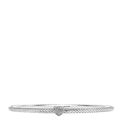 David Yurman Sterling Silver Diamond 3mm Heart Cable Bangle 1 of 5