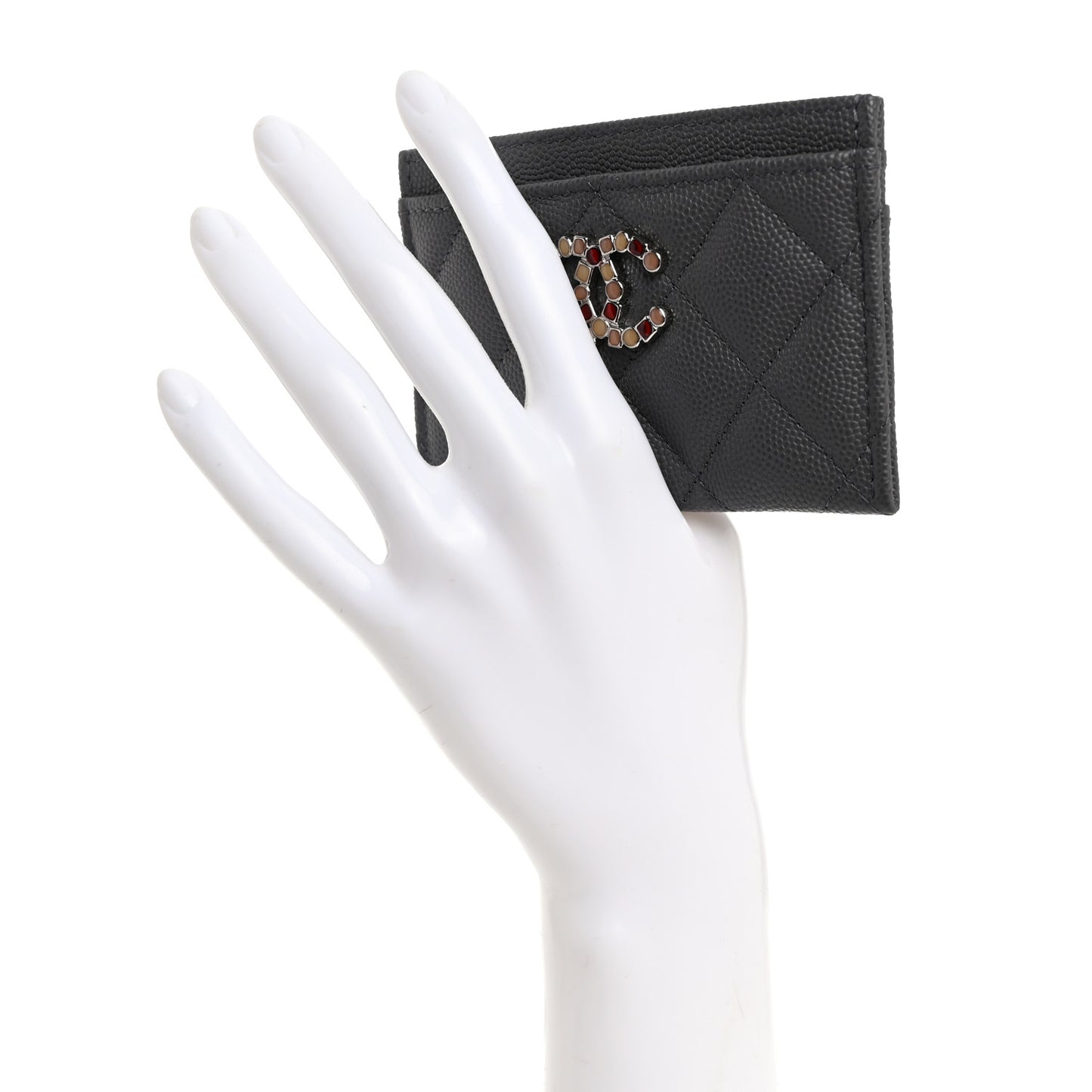 Shiny Caviar Enamel Quilted CC Flap Card Holder Grey