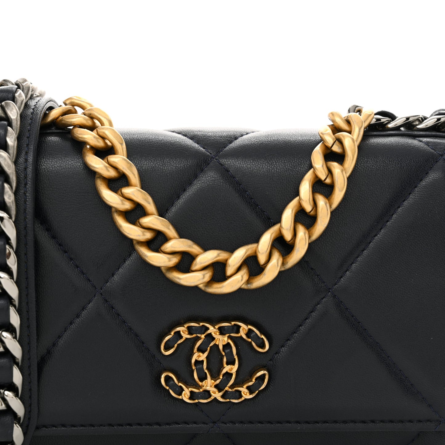 Lambskin Quilted Chanel 19 Wallet On Chain WOC Navy Blue
