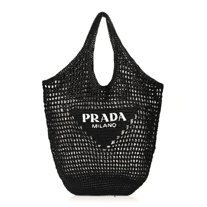 Prada Yarn Raffia Effect Crochet Logo Embroidered Shopping Tote Bag Black 1 of 9