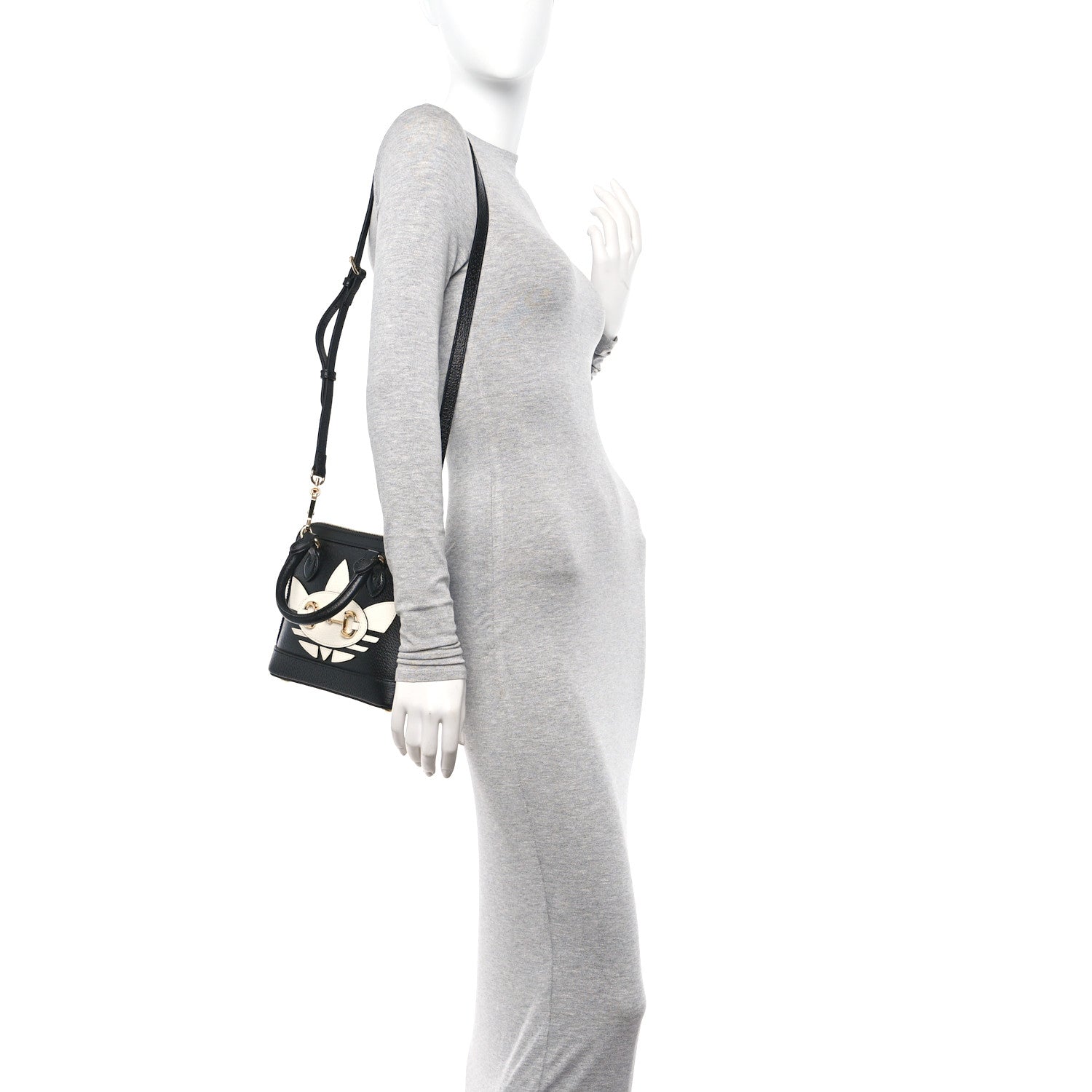 Gucci X ADIDAS Textured Dollar Calfskin Web Trefoil Mini Horsebit 1955 Top Handle Bag Black Off White 2 of 10