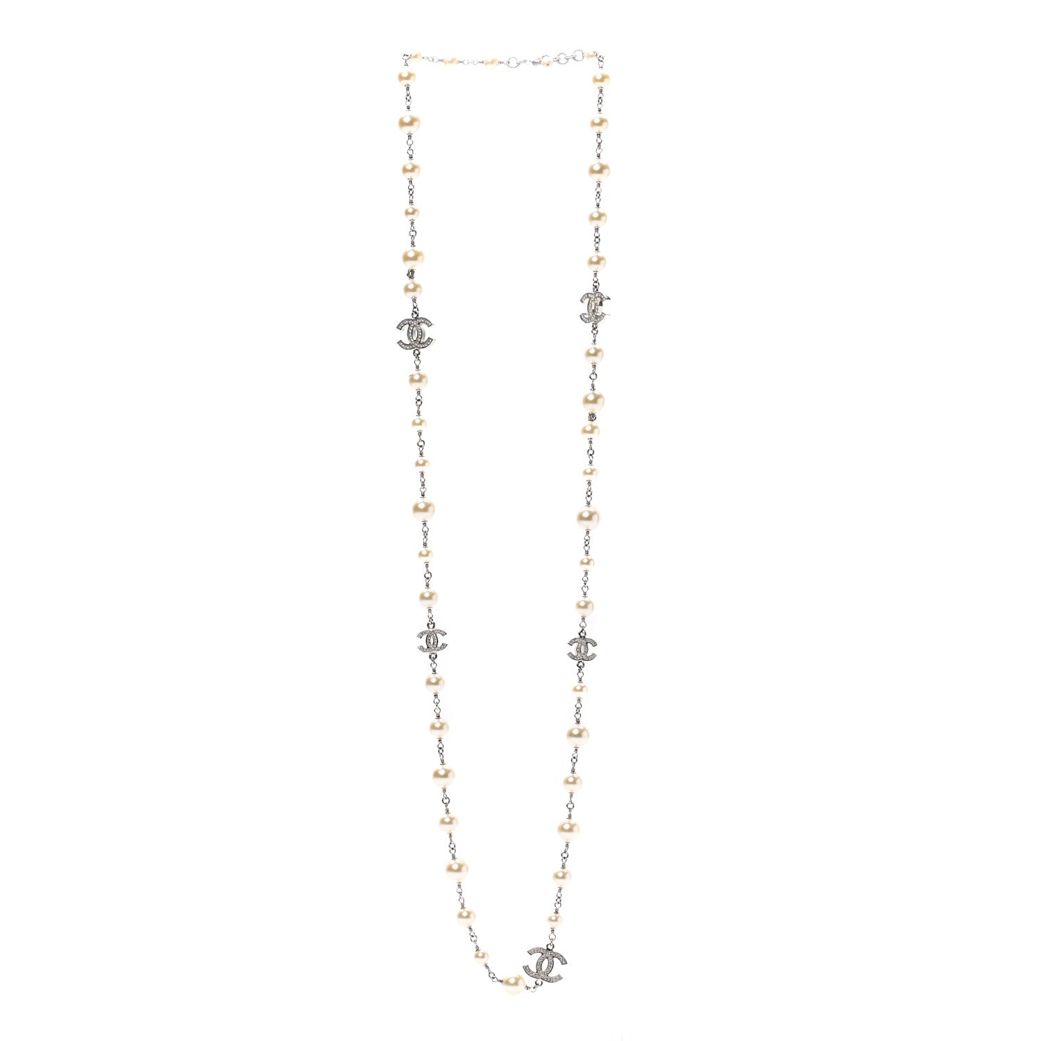 Chanel Graduated Pearl Crystal CC Long Necklace Silver 3 of 7