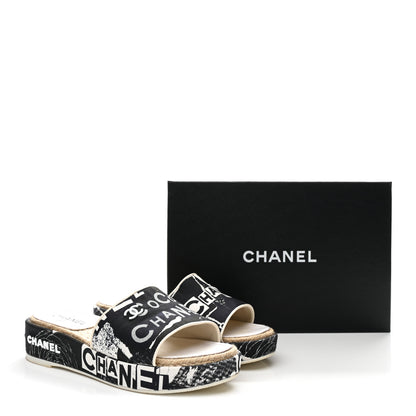 Chanel Fabric Grosgrain Printed CC Espadrille Slip On Sandals 40 Black White 10 of 10