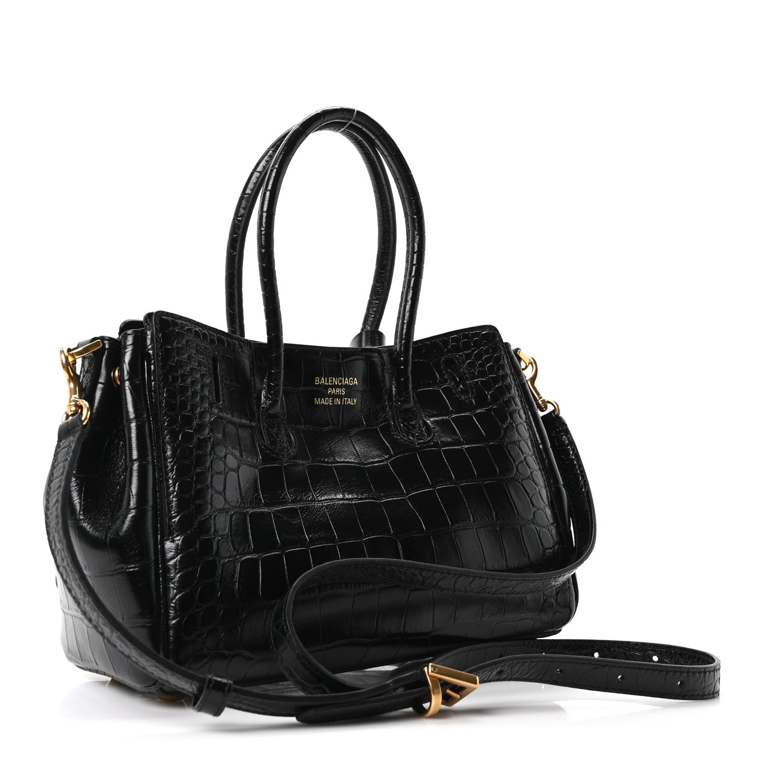 Balenciaga Calfskin Crocodile Embossed Mini Bel Air Carry All Bag Black 3 of 9