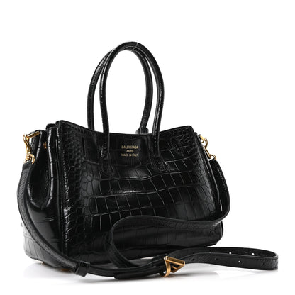 Balenciaga Calfskin Crocodile Embossed Mini Bel Air Carry All Bag Black 3 of 9