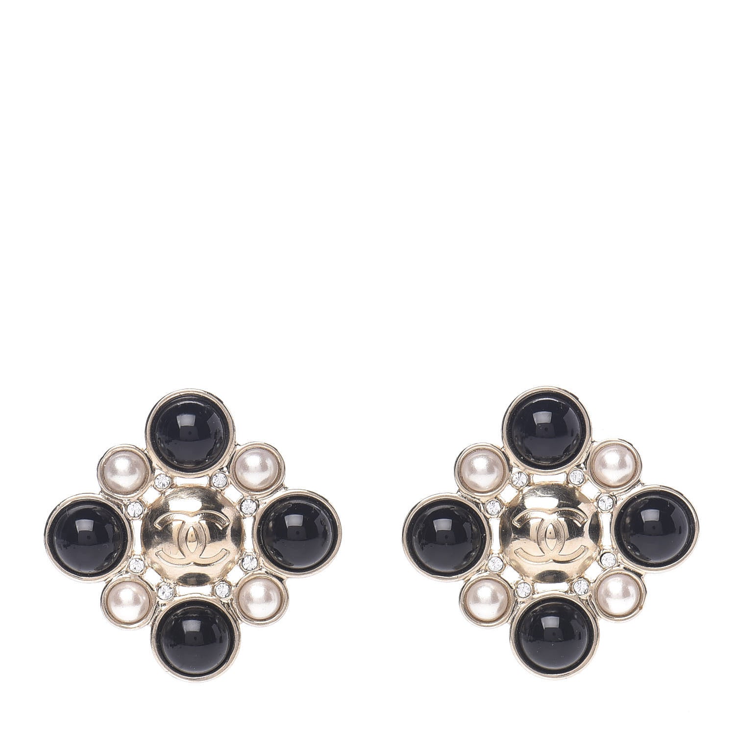 Chanel Gripoix Poured Glass Pearl Crystal CC Earrings Black Gold 1 of 5