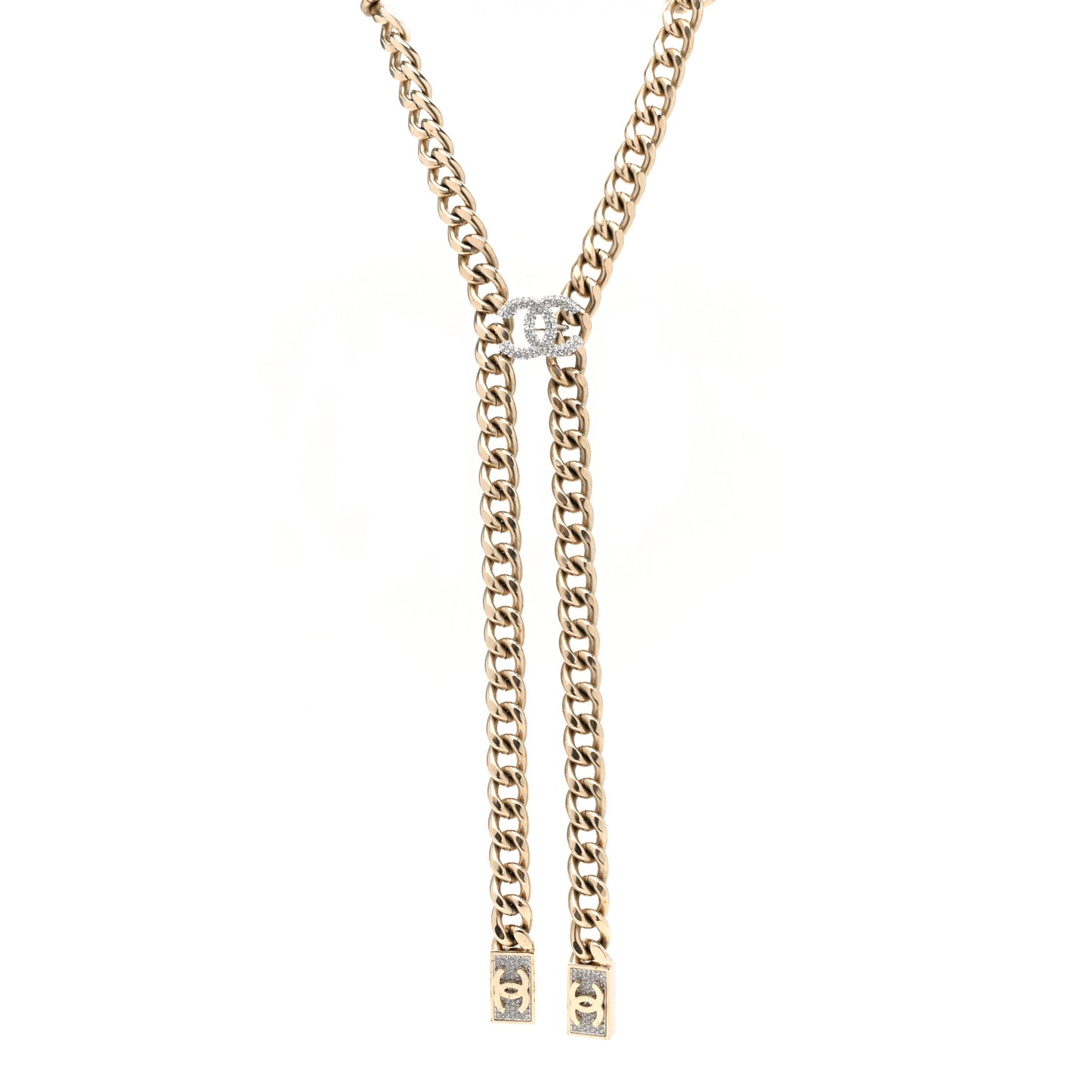 Chain Link Crystal CC Dog Tag Charm Necklace Gold