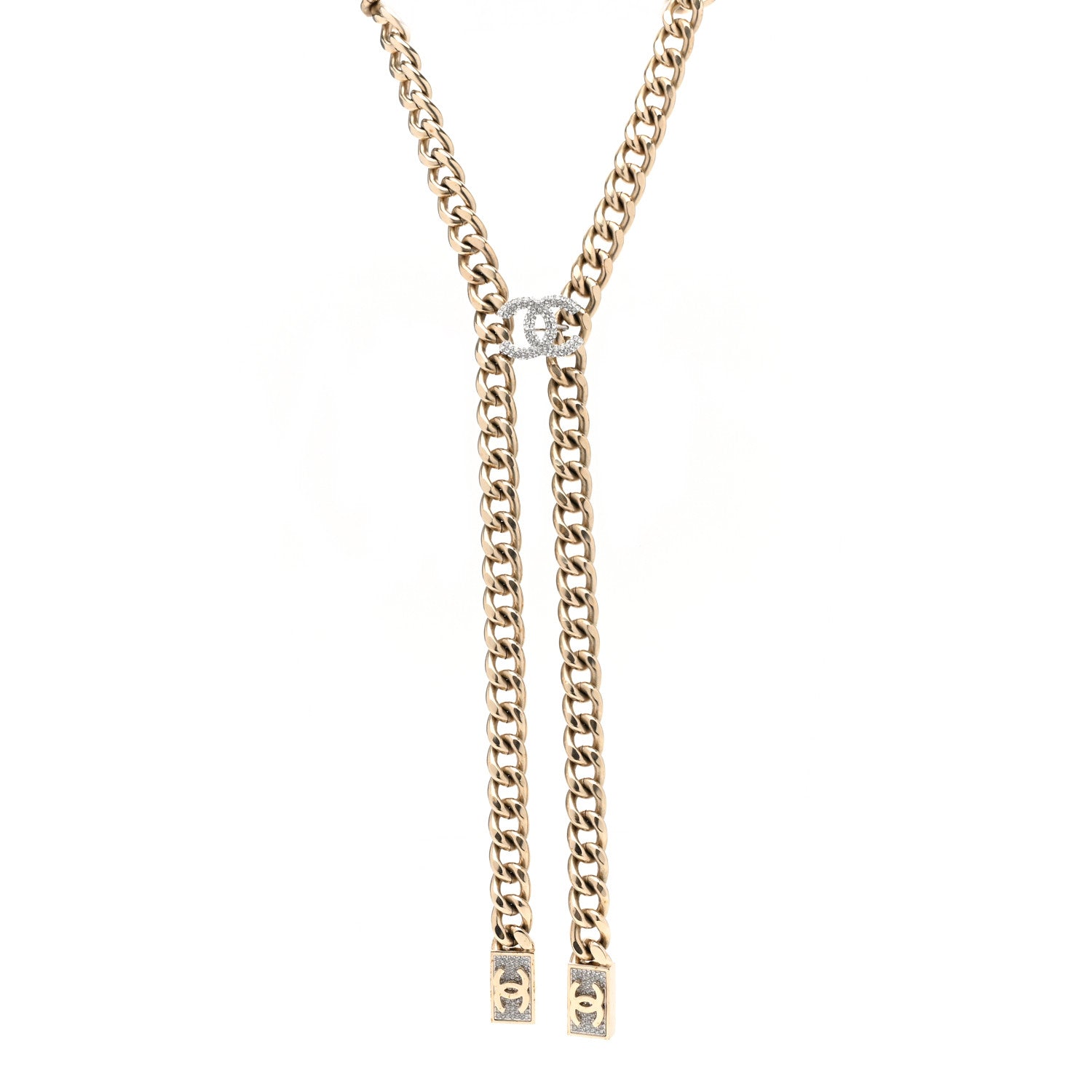 Chanel Chain Link Crystal CC Dog Tag Charm Necklace Gold 1 of 5