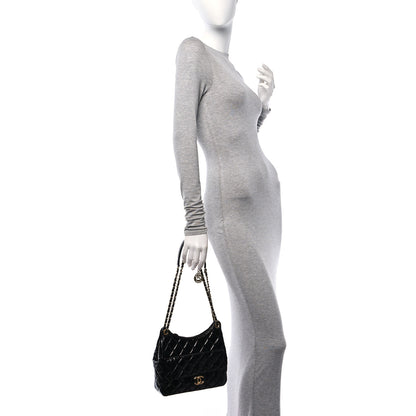 Chanel Shiny Crumpled Calfskin Quilted Wavy CC Hobo Black 2 of 10