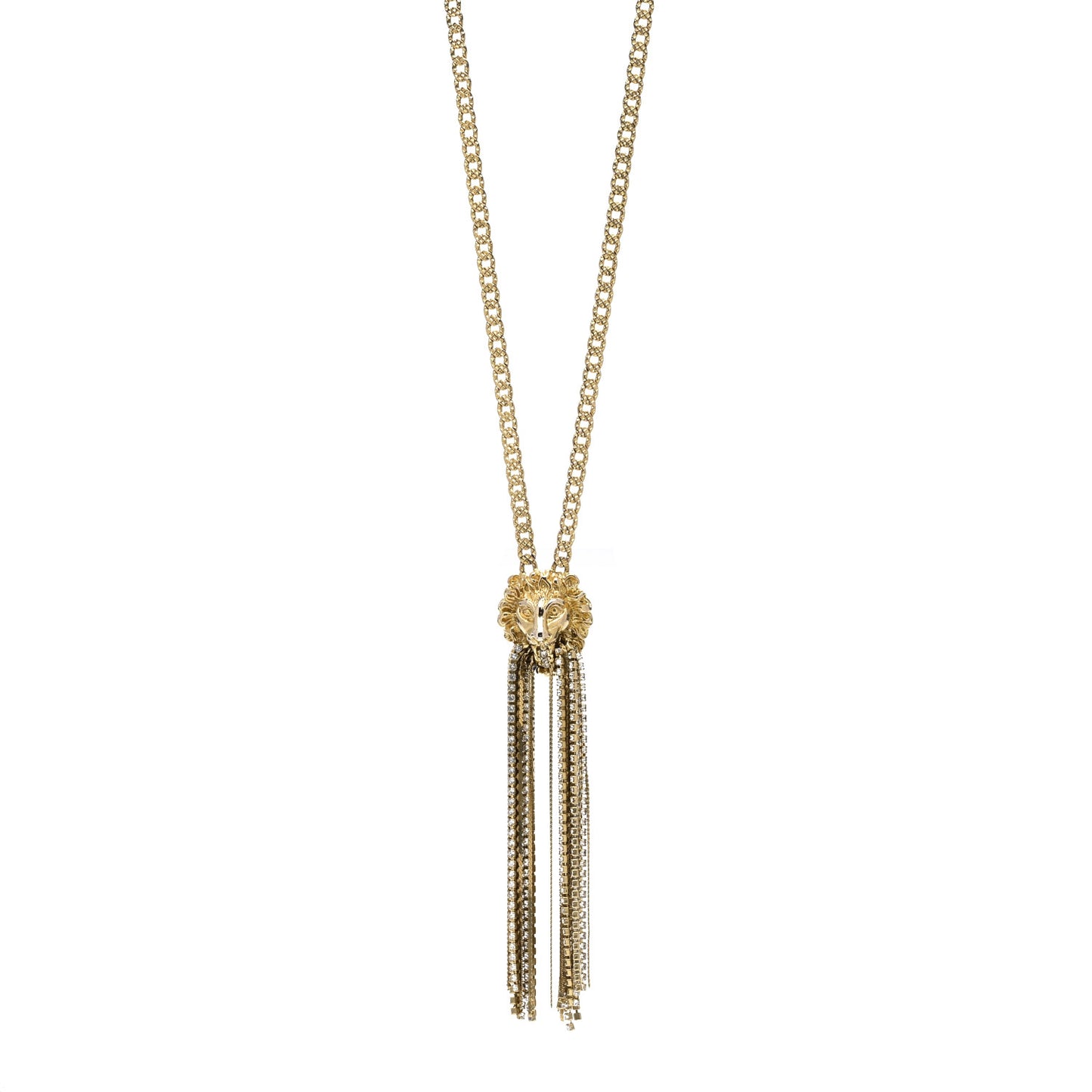 Metal Crystal Fringe Lion Head Necklace Gold