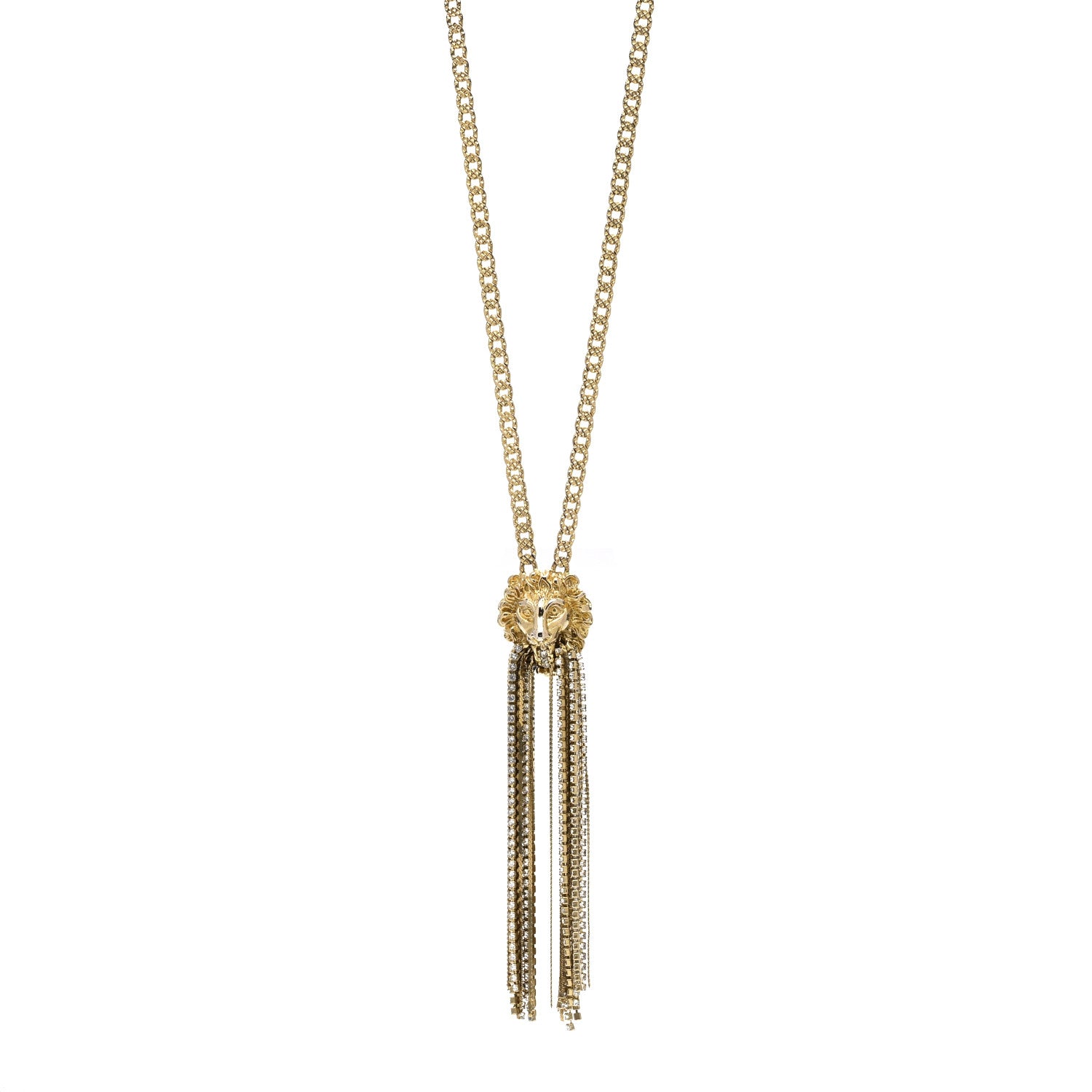 Gucci Metal Crystal Fringe Lion Head Necklace Gold 1 of 5