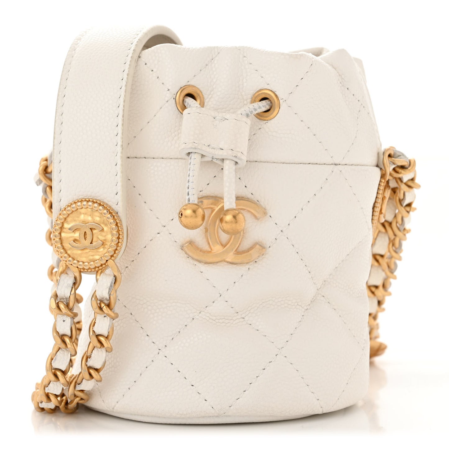 Caviar Quilted Twist Your Buttons Mini Bucket Bag White