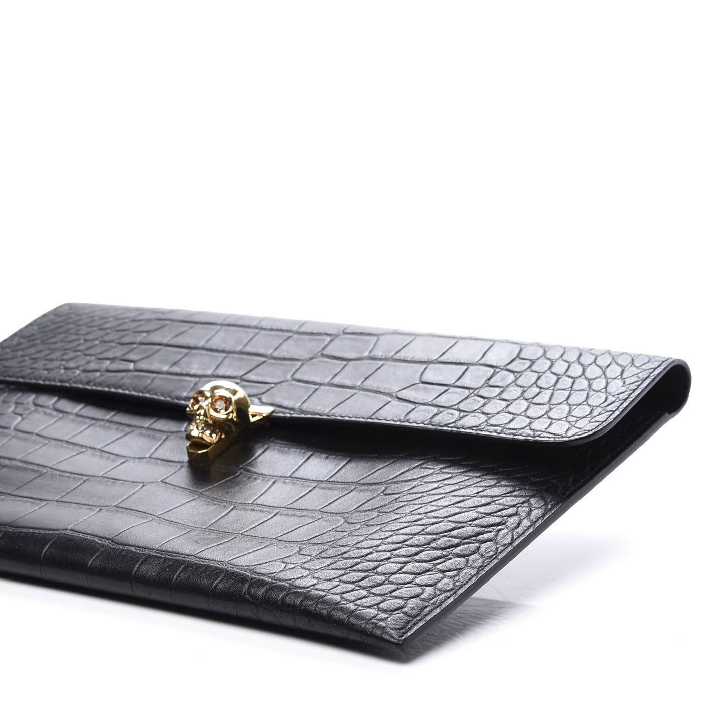 Calfskin Crocodile Embossed Skull Envelope Clutch Black