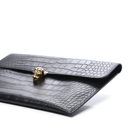 Alexander McQueen Calfskin Crocodile Embossed Skull Envelope Clutch Black 6 of 8