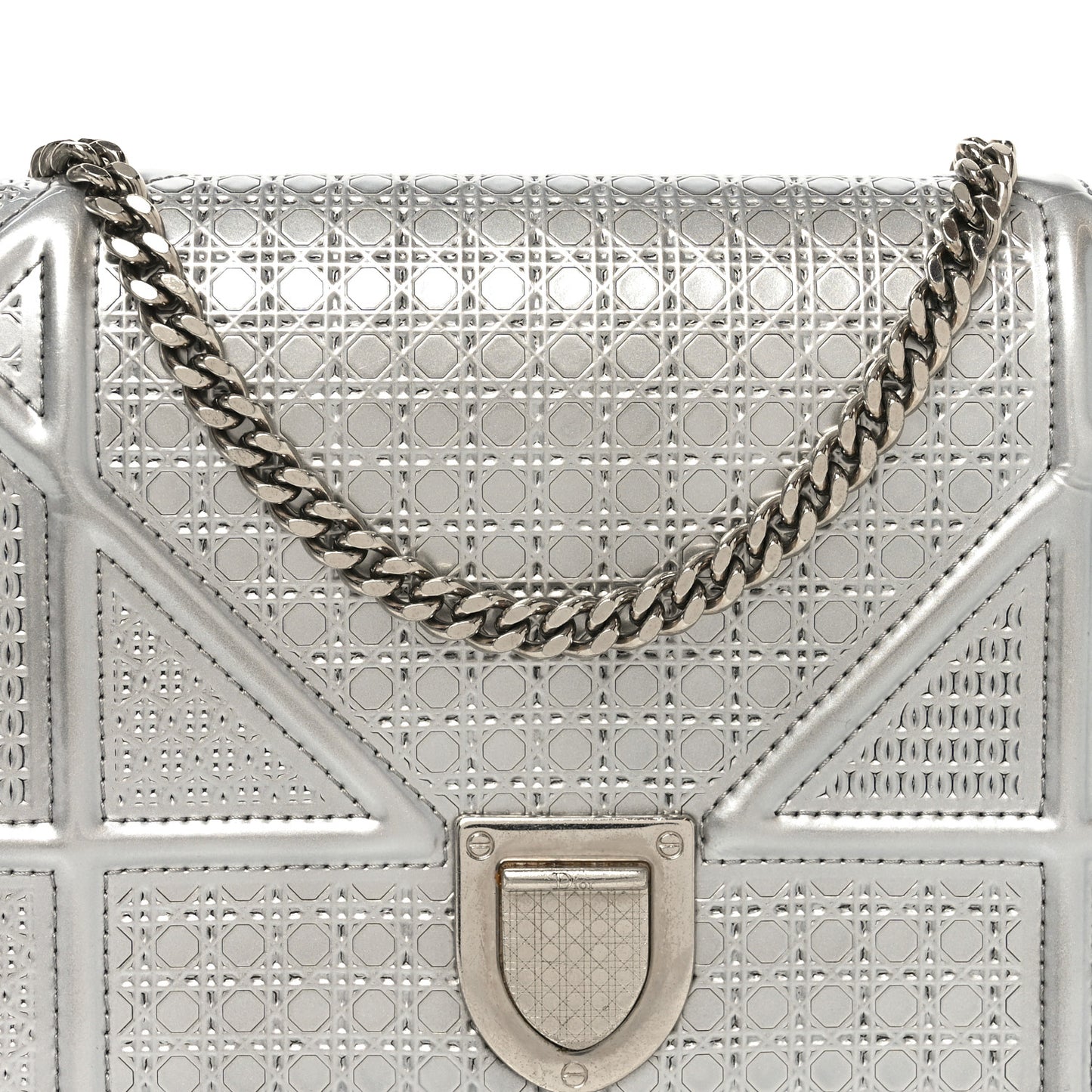 Metallic Patent Micro-Cannage Diorama Wallet on Chain Pouch Silver