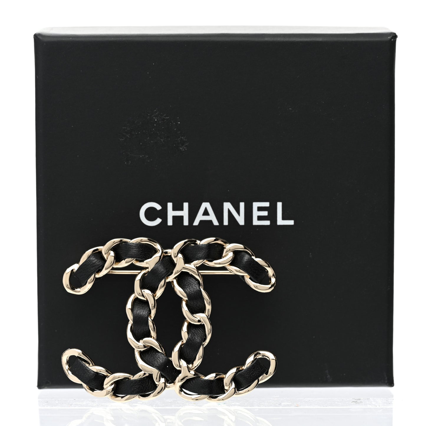 Lambskin Chain CC Brooch Black Gold