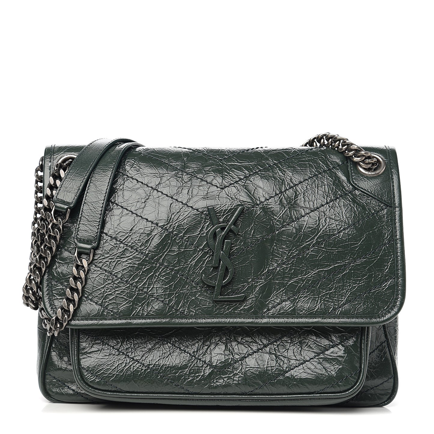 Crinkled Calfskin Matelasse Monogram Medium Niki Chain Satchel Military Olive