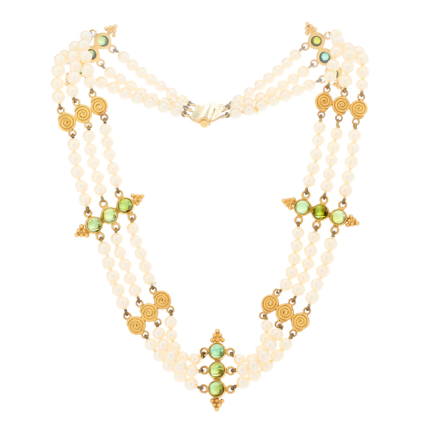 22K Yellow Gold Pearl Green Tourmaline 3 Strand Choker Necklace