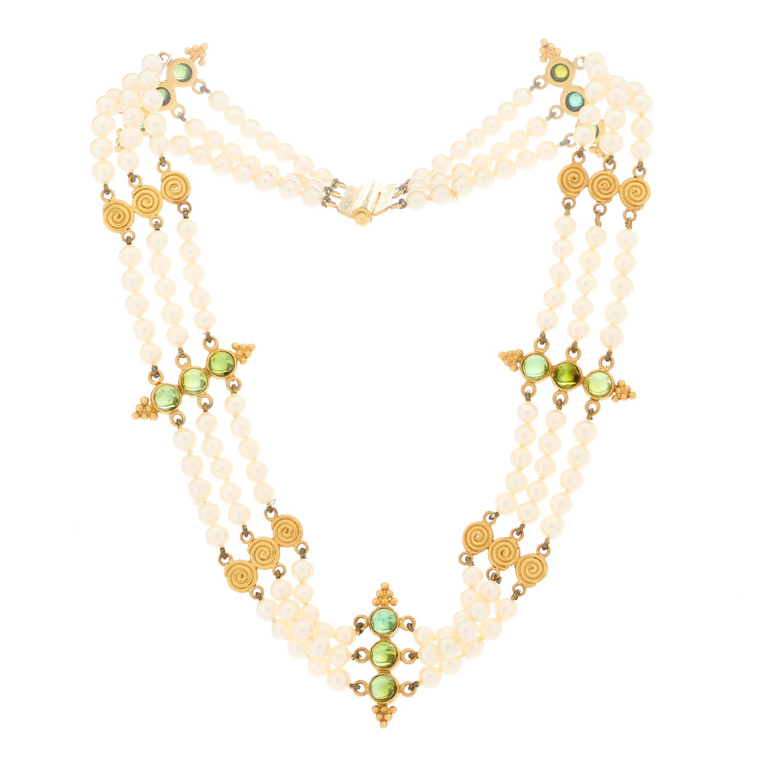 Temple St. Clair 22K Yellow Gold Pearl Green Tourmaline 3 Strand Choker Necklace 2 of 5