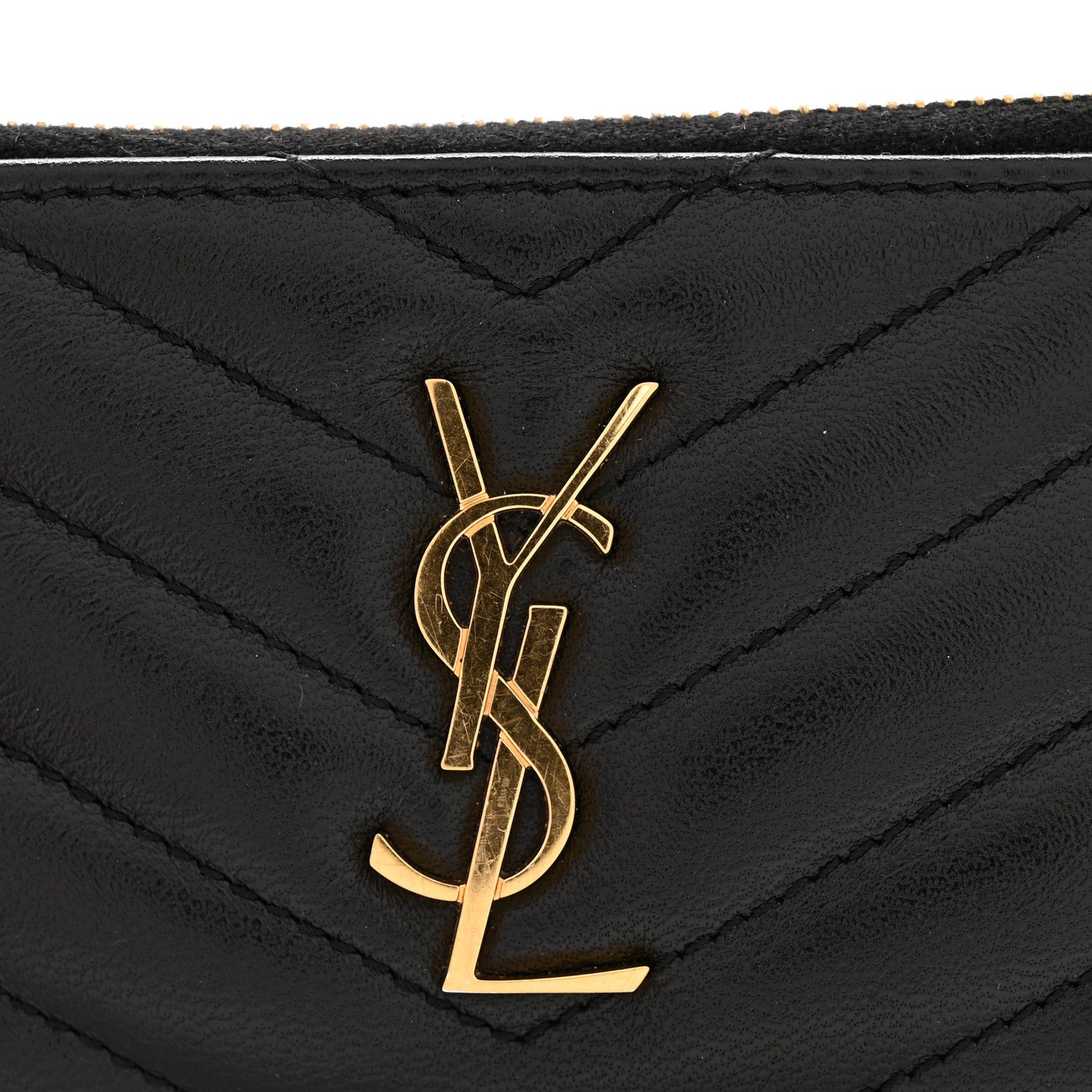 Saint Laurent Calfskin Matelasse Chevron Monogram Fragments Zippered Card Case Black 8 of 11