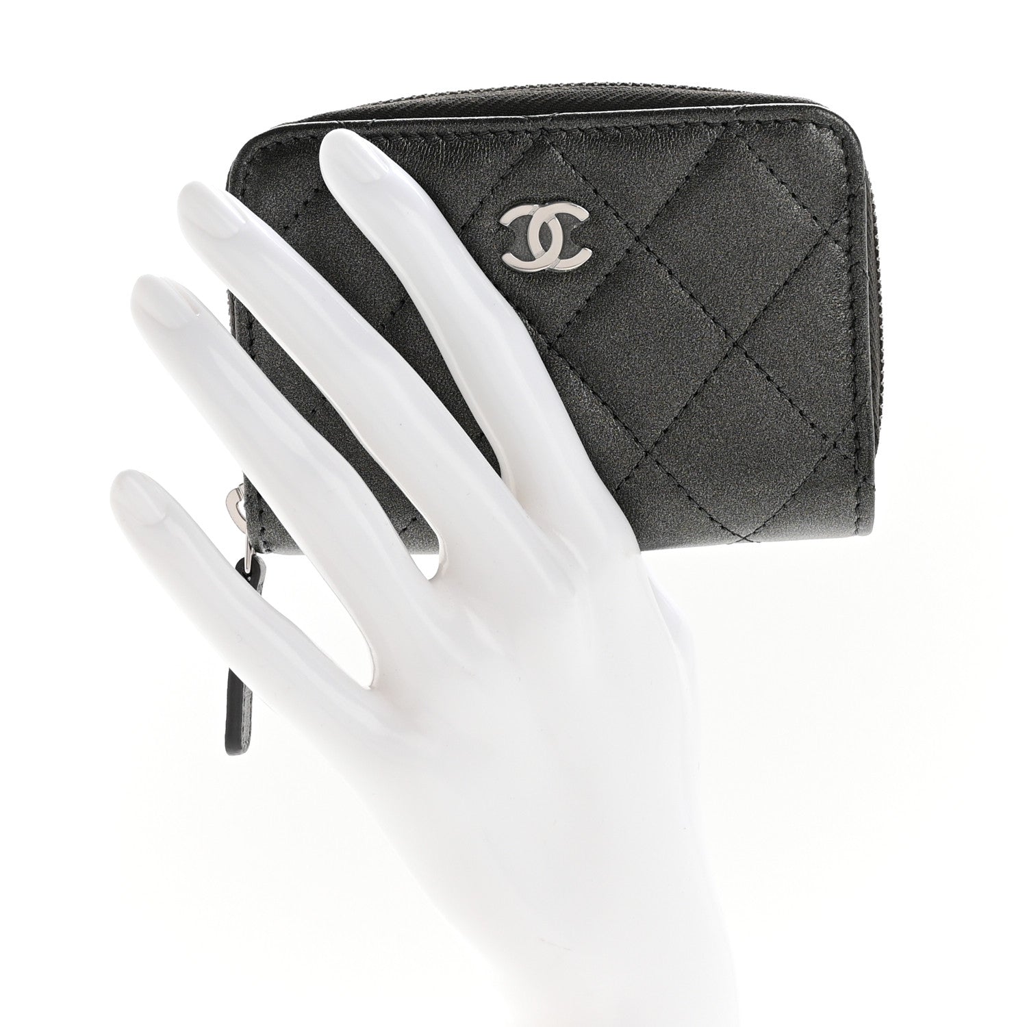 Chanel Iridescent Calfskin Quilted Zip Coin Purse Wallet Grey 2 of 7