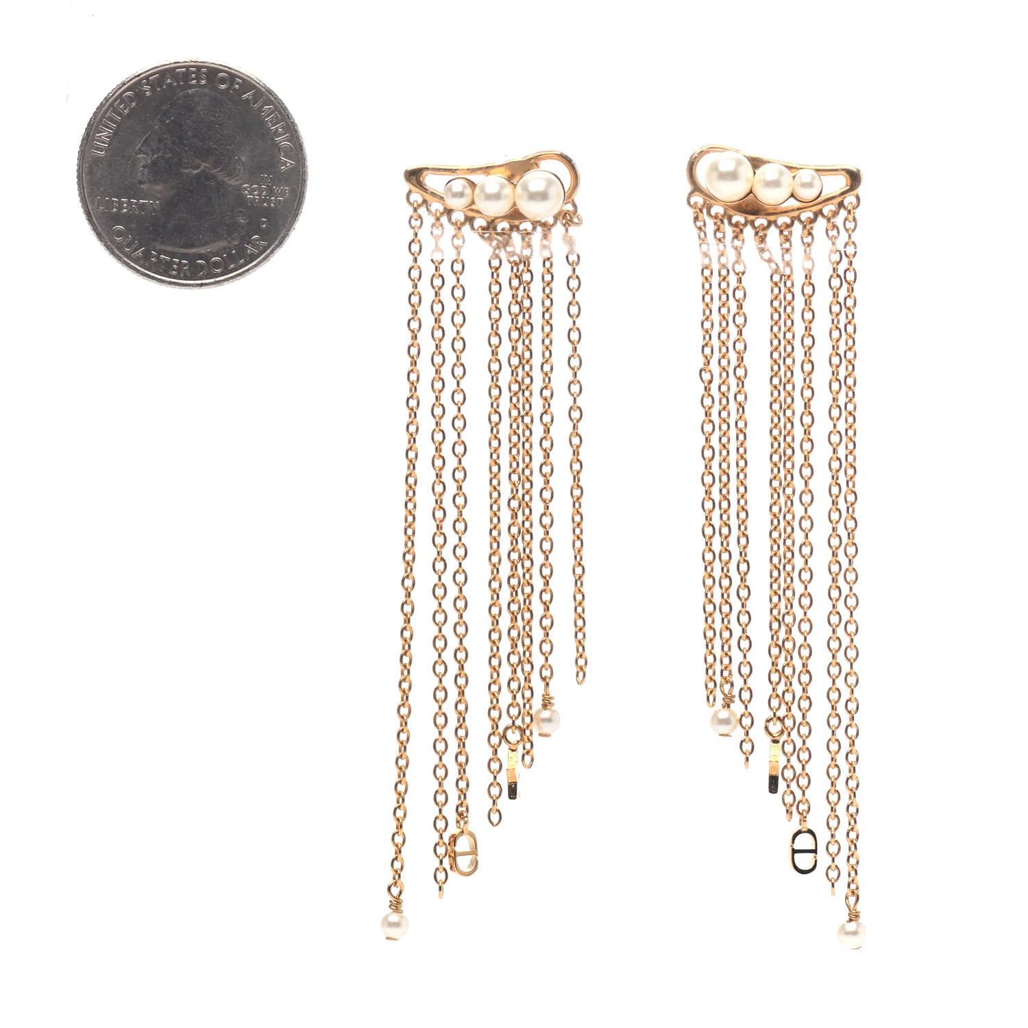 Christian Dior Pearl Dangle Chain Earrings Gold 2 of 3