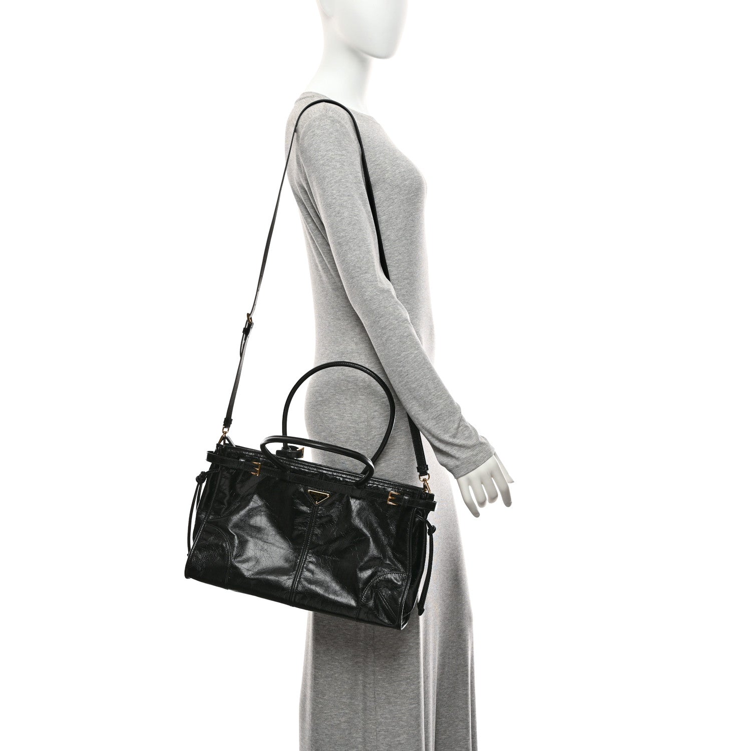 Prada Glossy Calfskin Triangle Large Bonnie Shoulder Bag Black 2 of 10