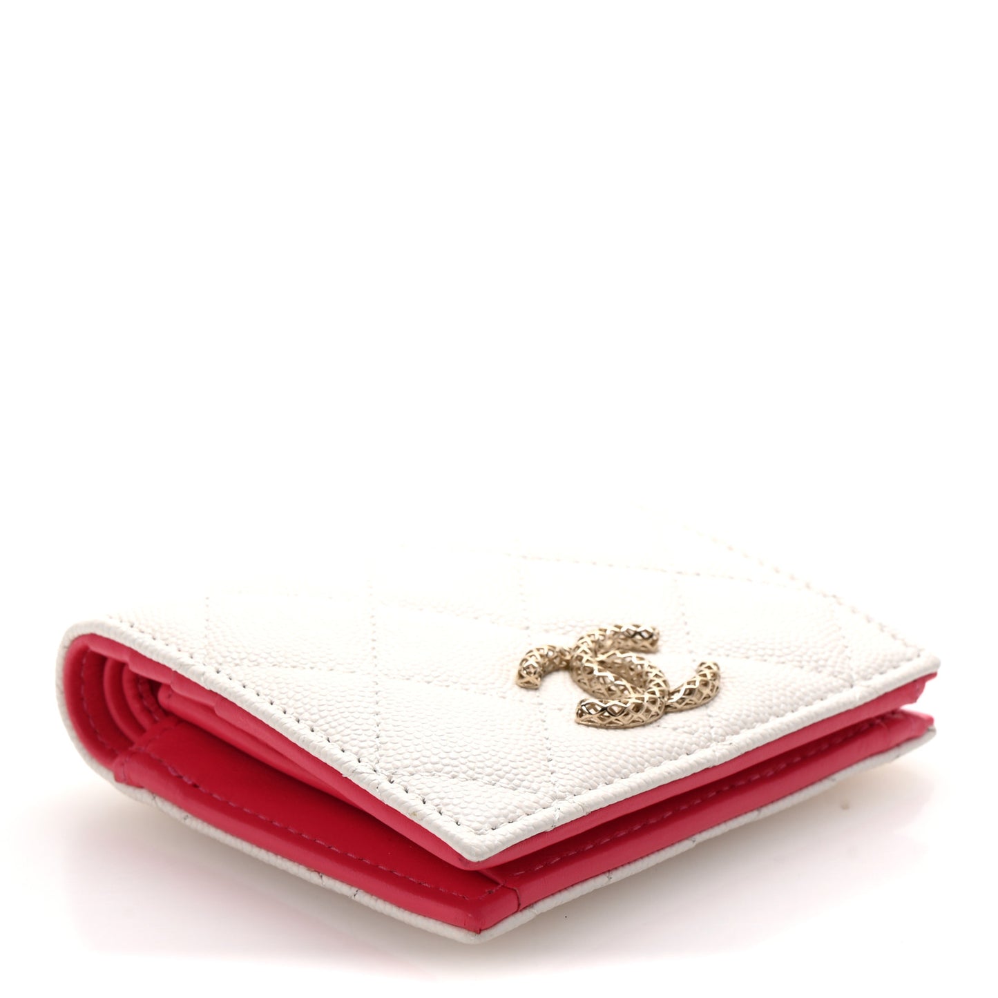 Caviar Metal Perforated Quilted CC Compact Bi-Fold Flap Wallet White Pink