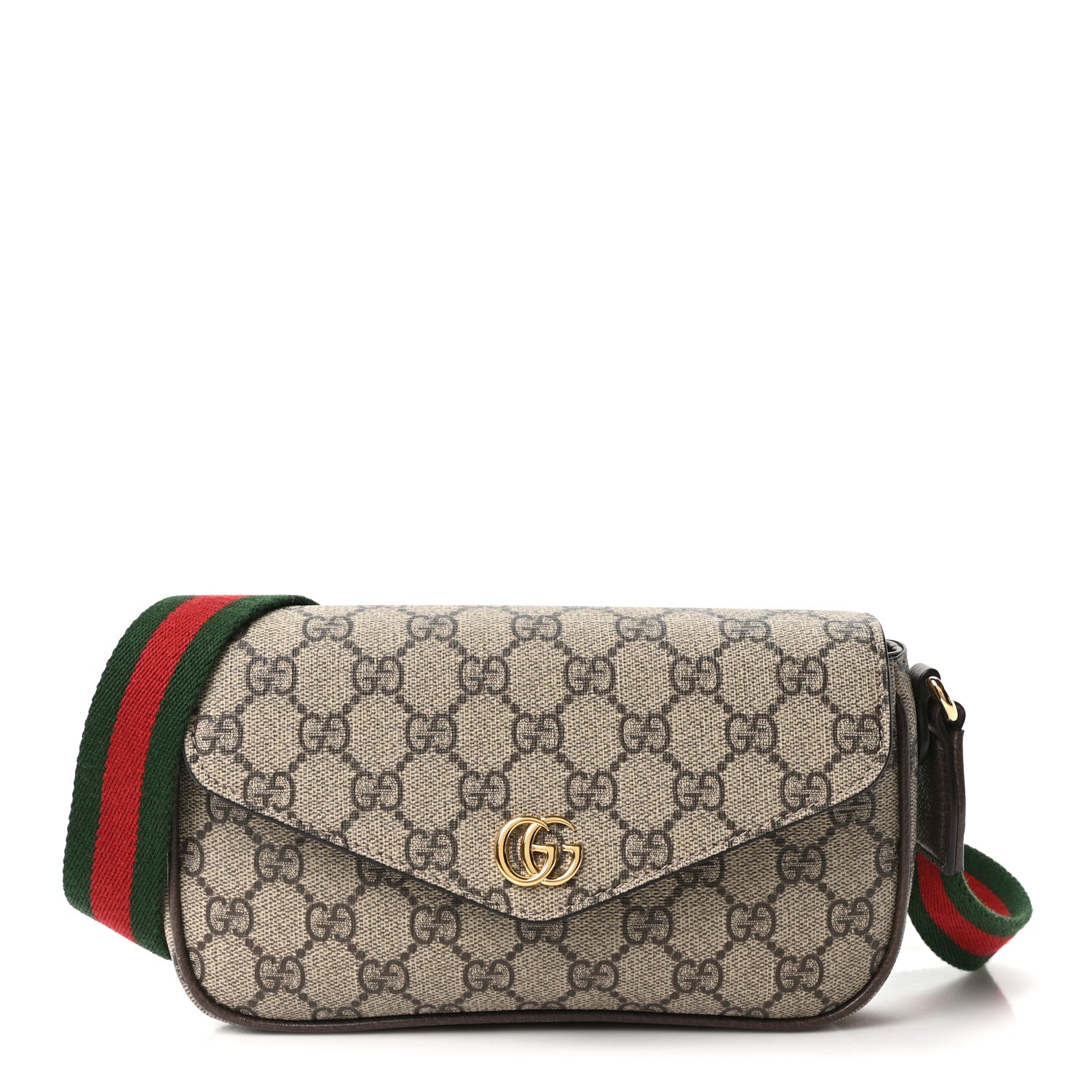Gucci GG Supreme Monogram Textured Dollar Calfskin Web Mini Ophidia Envelope Shoulder Bag Beige Ebony New Acero 1 of 11