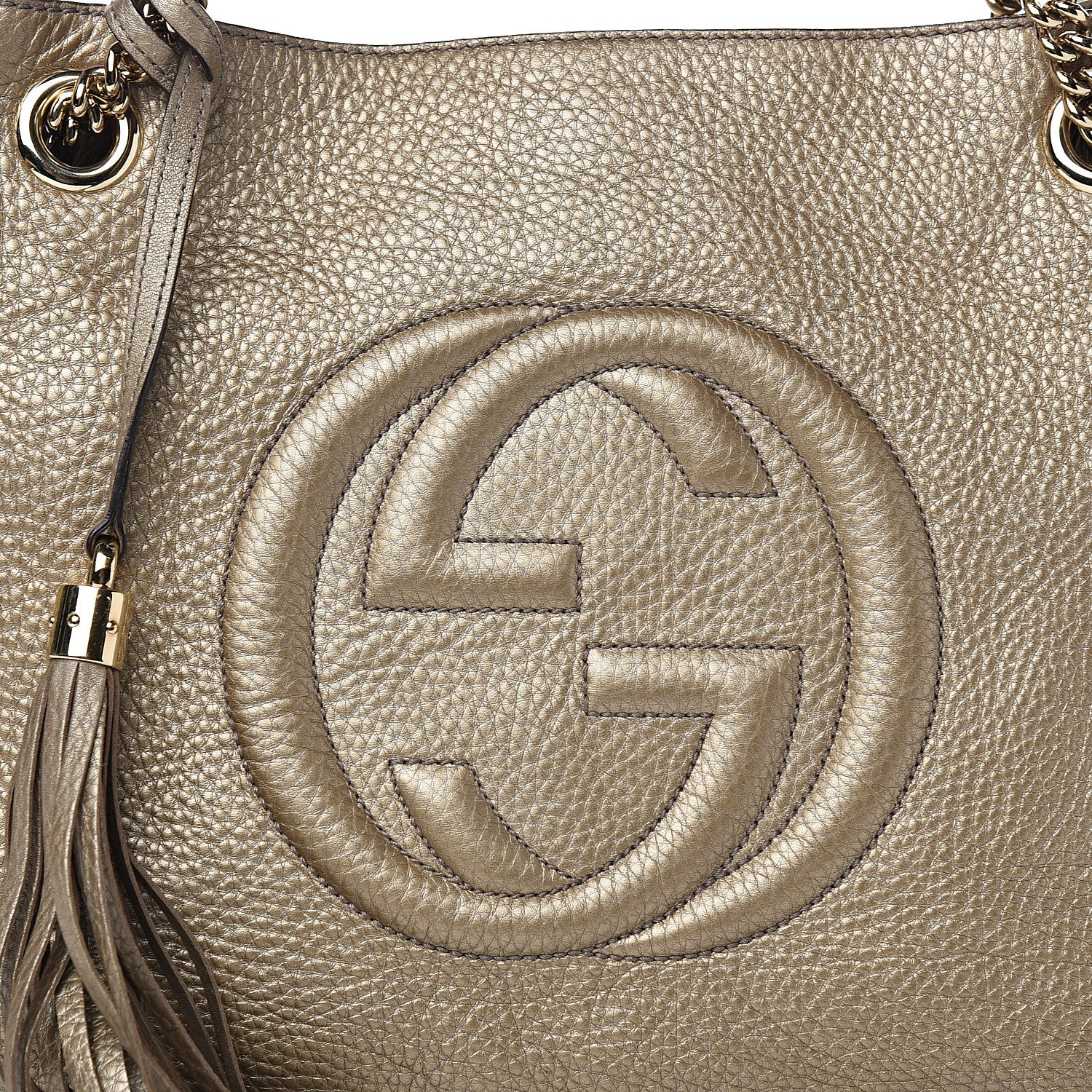 Gucci Metallic Pebbled Calfskin Medium Soho Chain Shoulder Bag Golden Beige 9 of 9