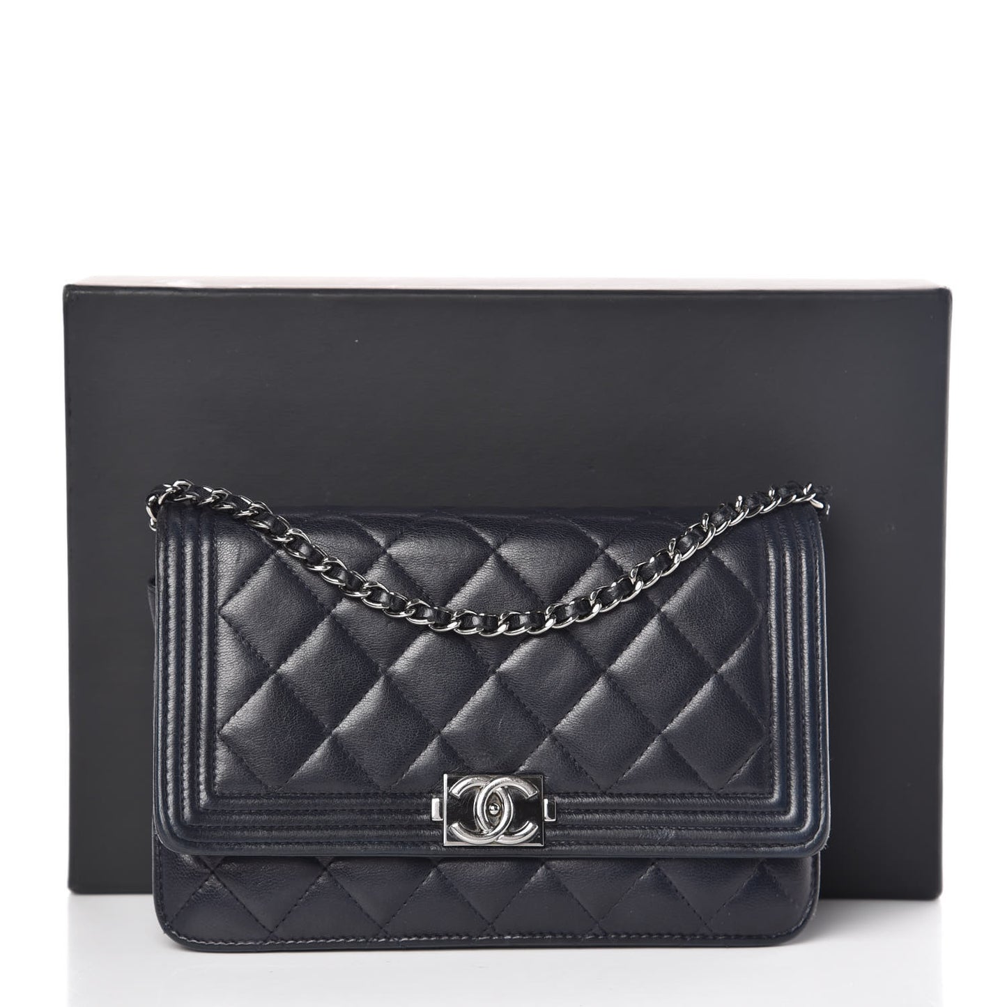 Lambskin Quilted Boy Wallet On Chain WOC Navy Blue