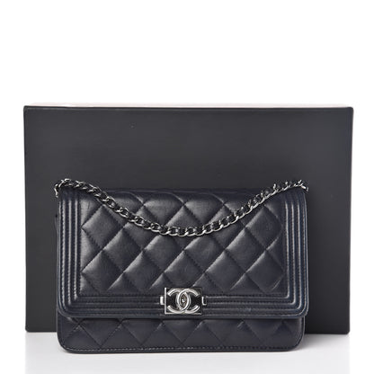Chanel Lambskin Quilted Boy Wallet On Chain WOC Navy Blue 16 of 16