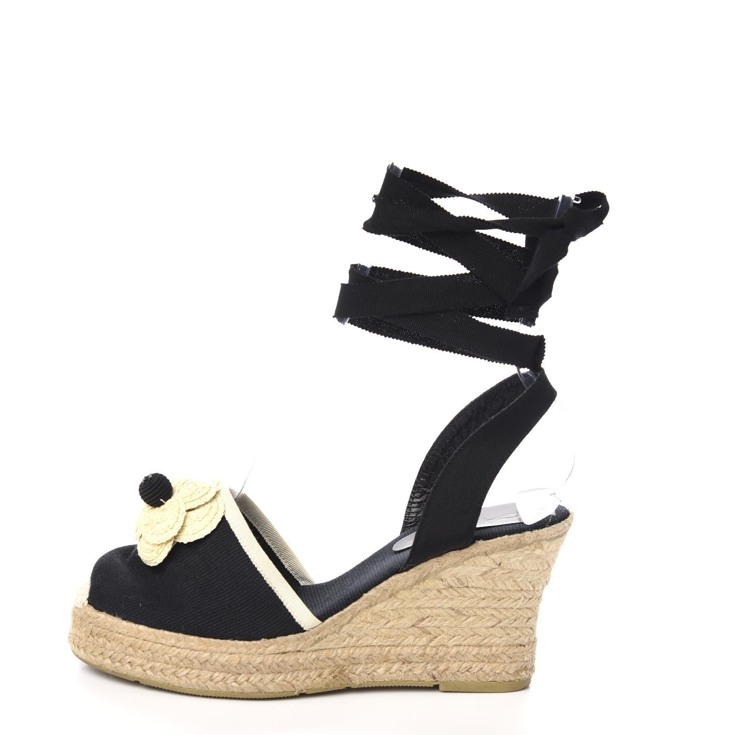 Chanel Grosgrain Camellia Espadrille Wedges 37 Black 1 of 7