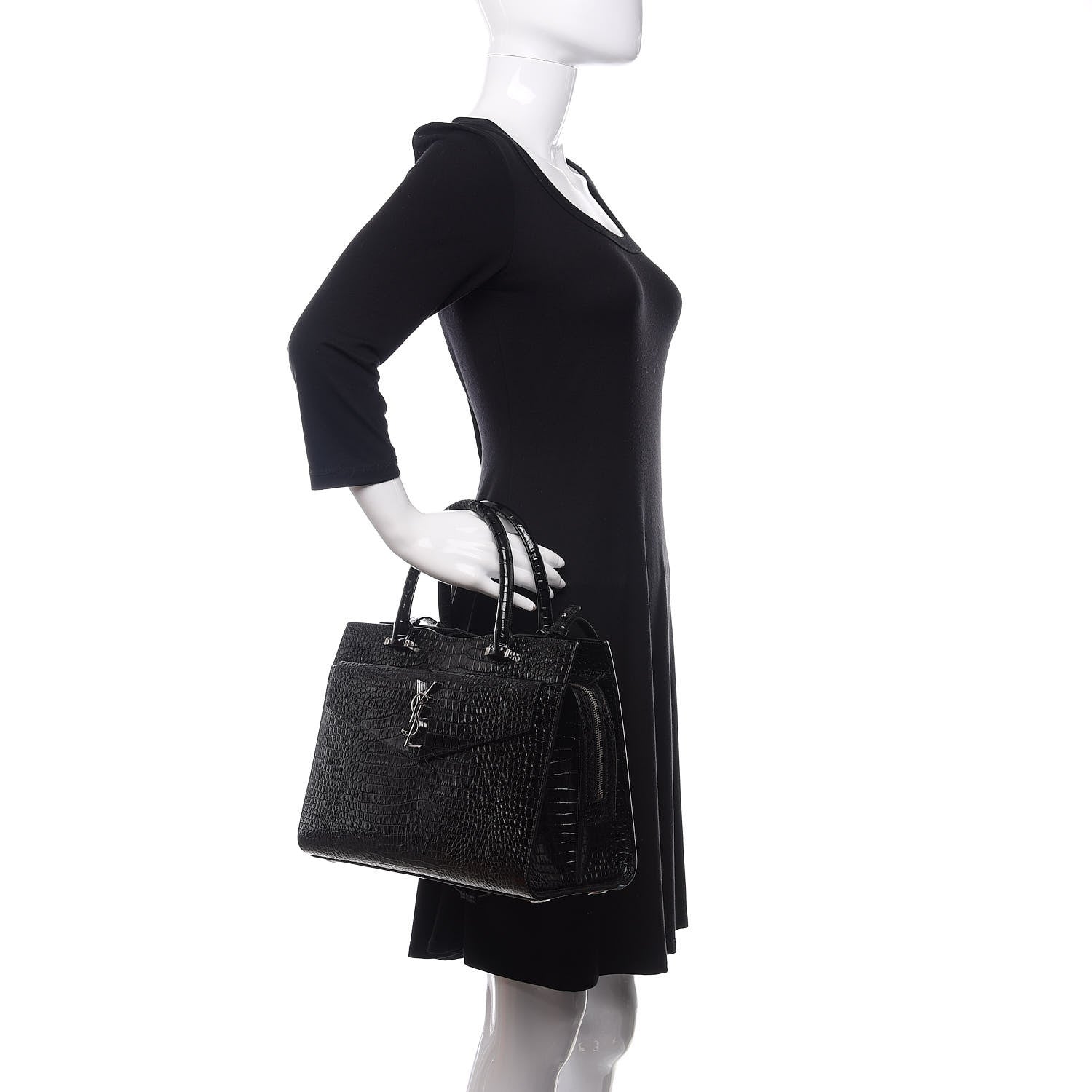 Saint Laurent Croc Calfskin Embossed Medium Uptown Tote Black 3 of 12